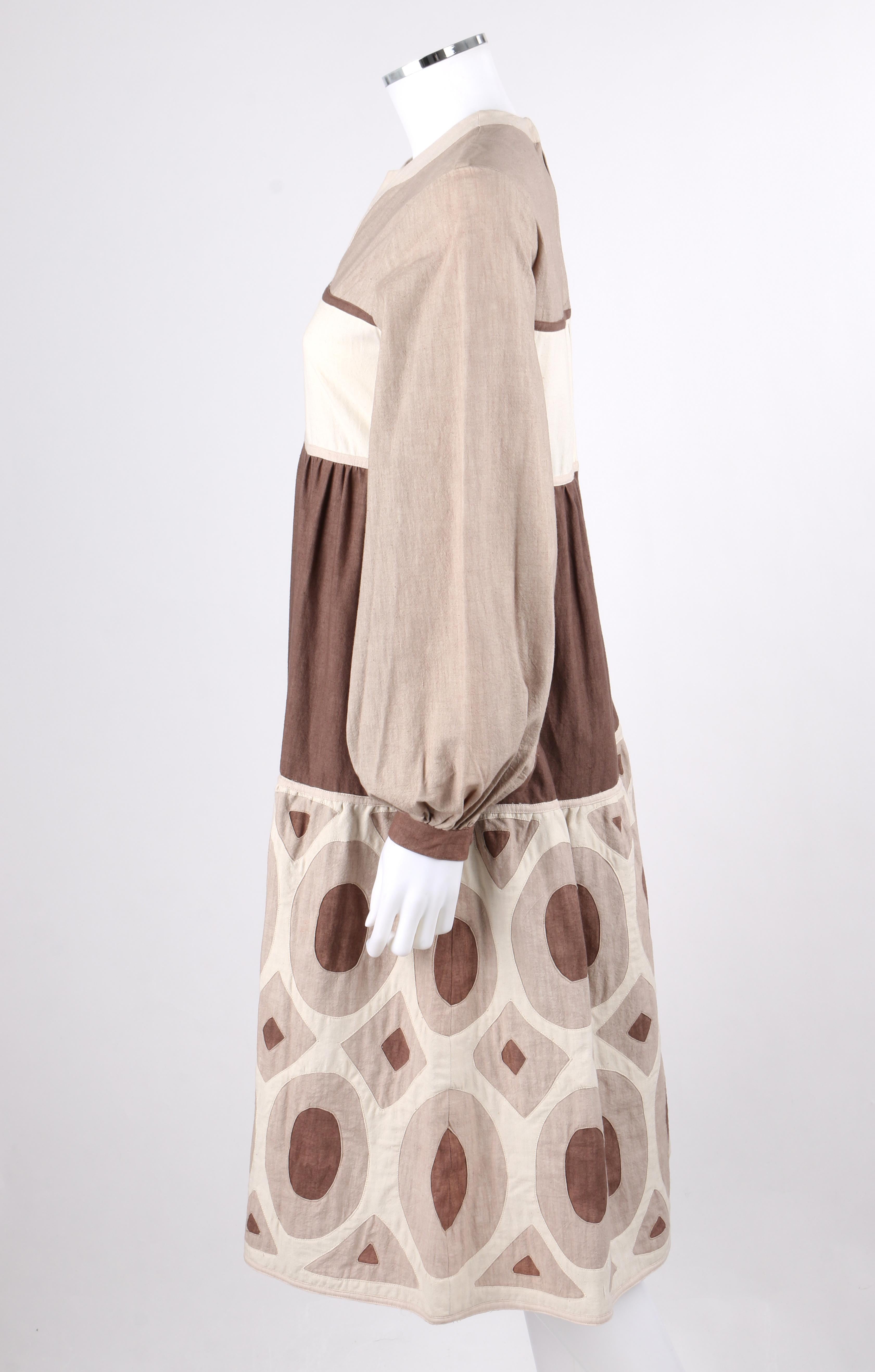 SERGIO BUSTAMANTE c. 1970's Hand-Dyed Braun Geometrische lange Ärmel Tag Kleid Rare Damen