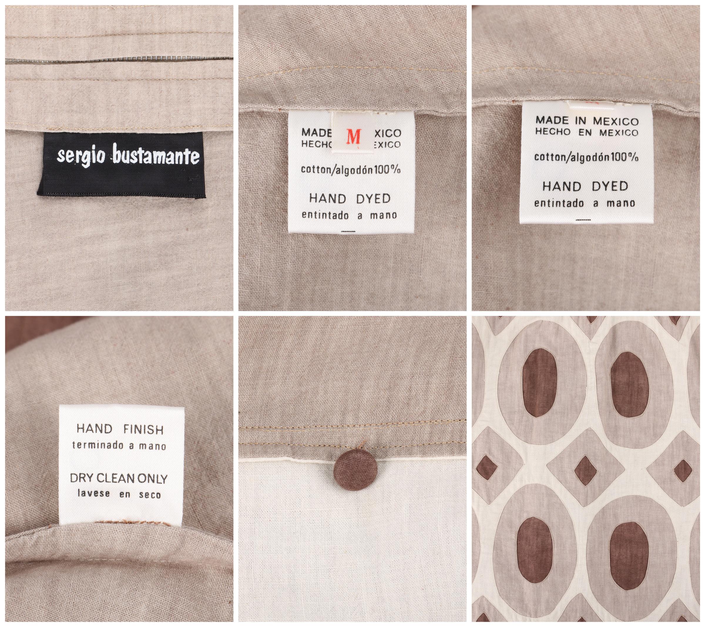 SERGIO BUSTAMANTE c. 1970's Hand-Dyed Braun Geometrische lange Ärmel Tag Kleid Rare 1