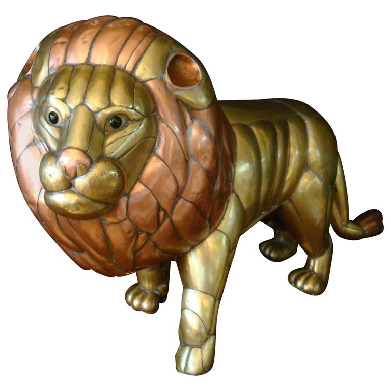 Sergio Bustamante Copper and Brass Lion Sculpture Mexico, 1970s at 1stDibs