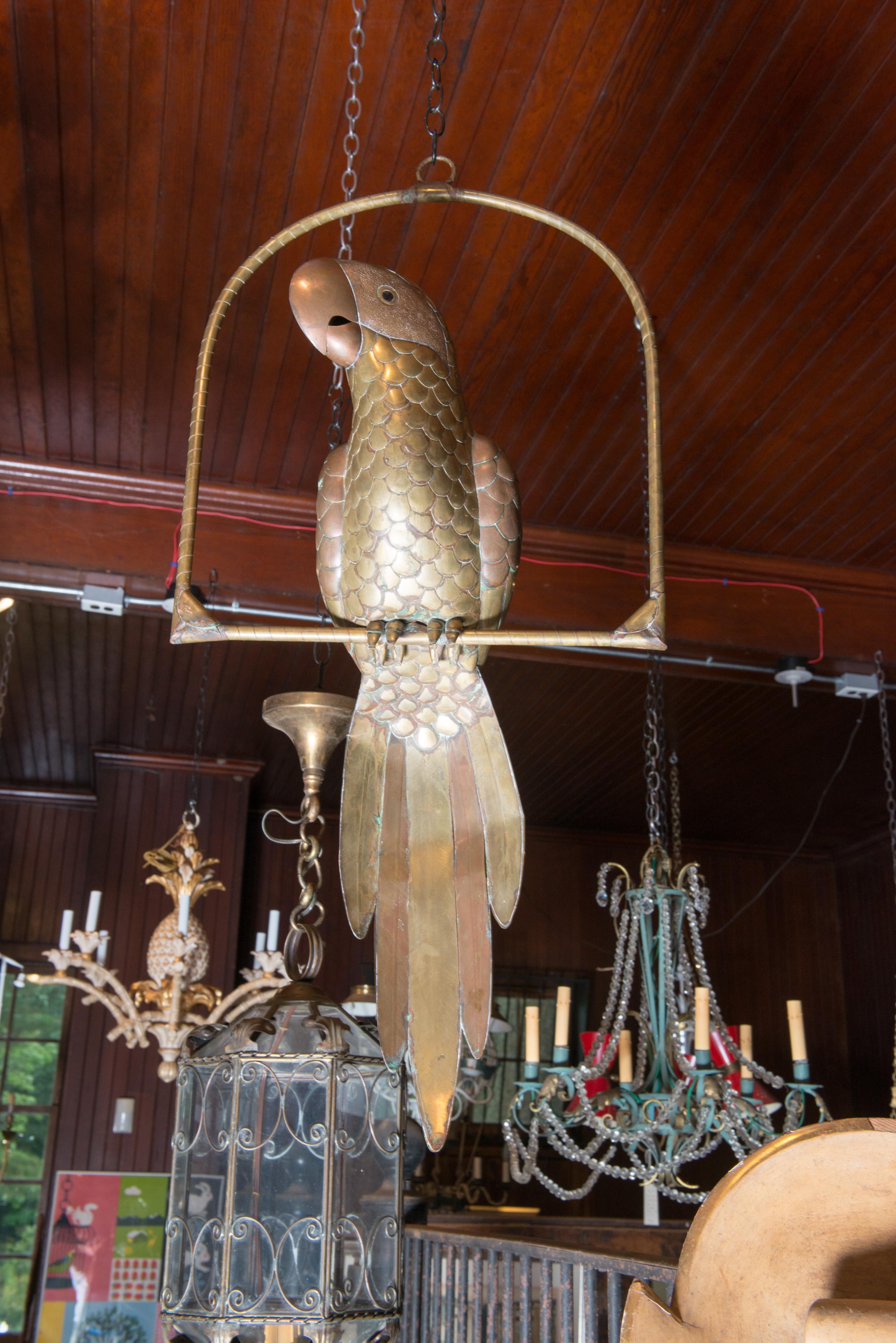 Mexican Sergio Bustamante Copper & Brass Parrot on a Swing For Sale