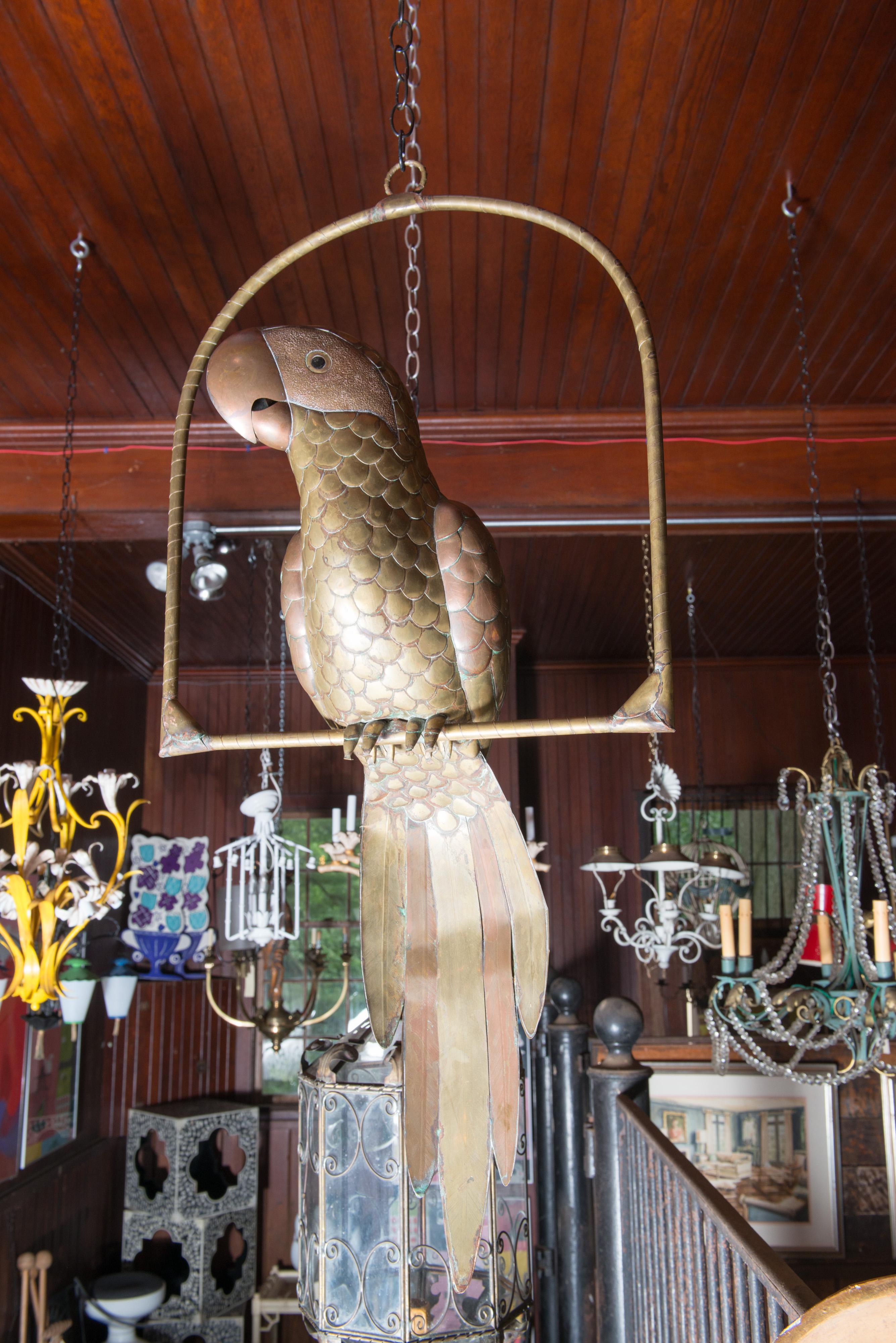 Sergio Bustamante Copper & Brass Parrot on a Swing In Good Condition For Sale In Stamford, CT