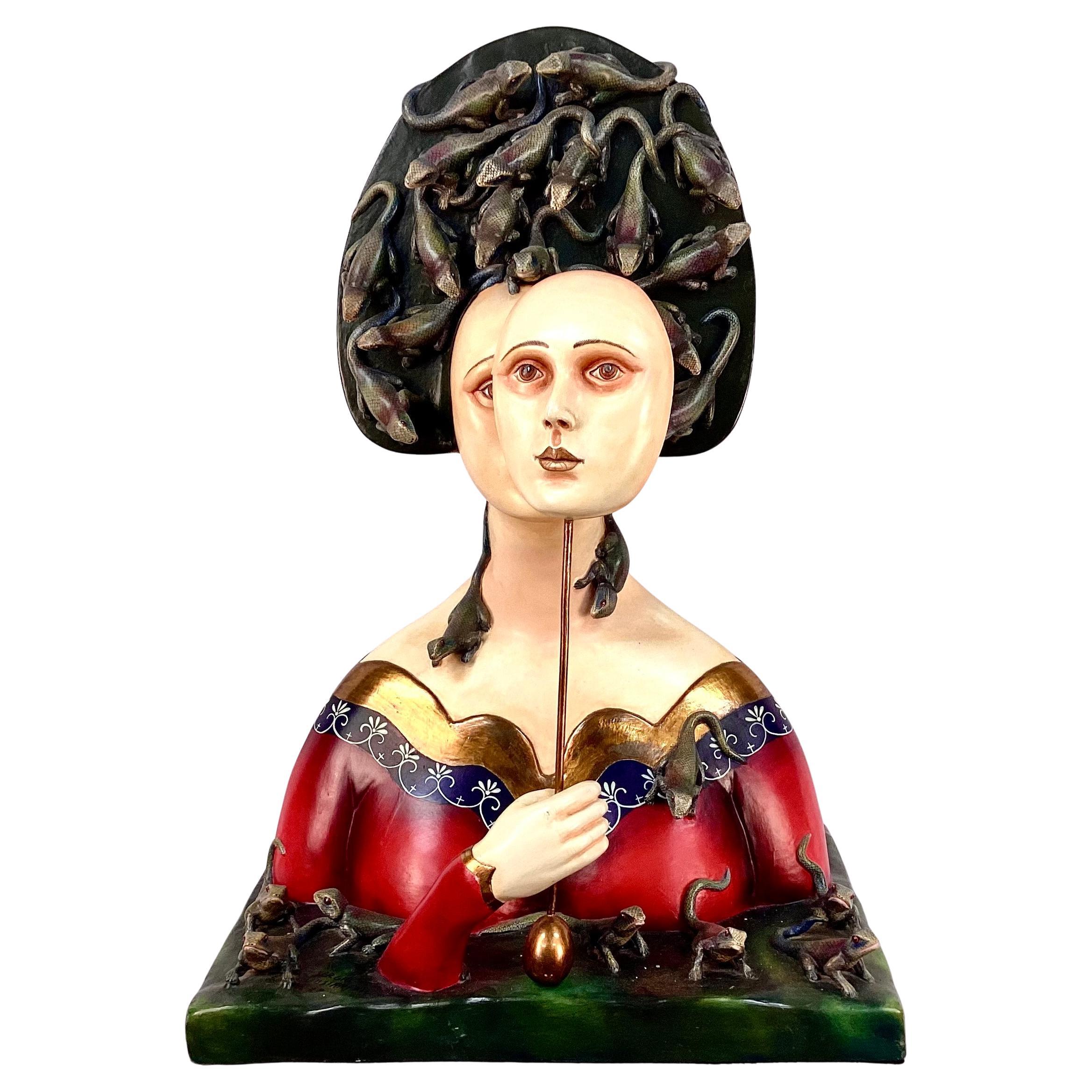 Sergio Bustamante, Female Bust with Lizards, Ceramic And Mixed Media For Sale 9