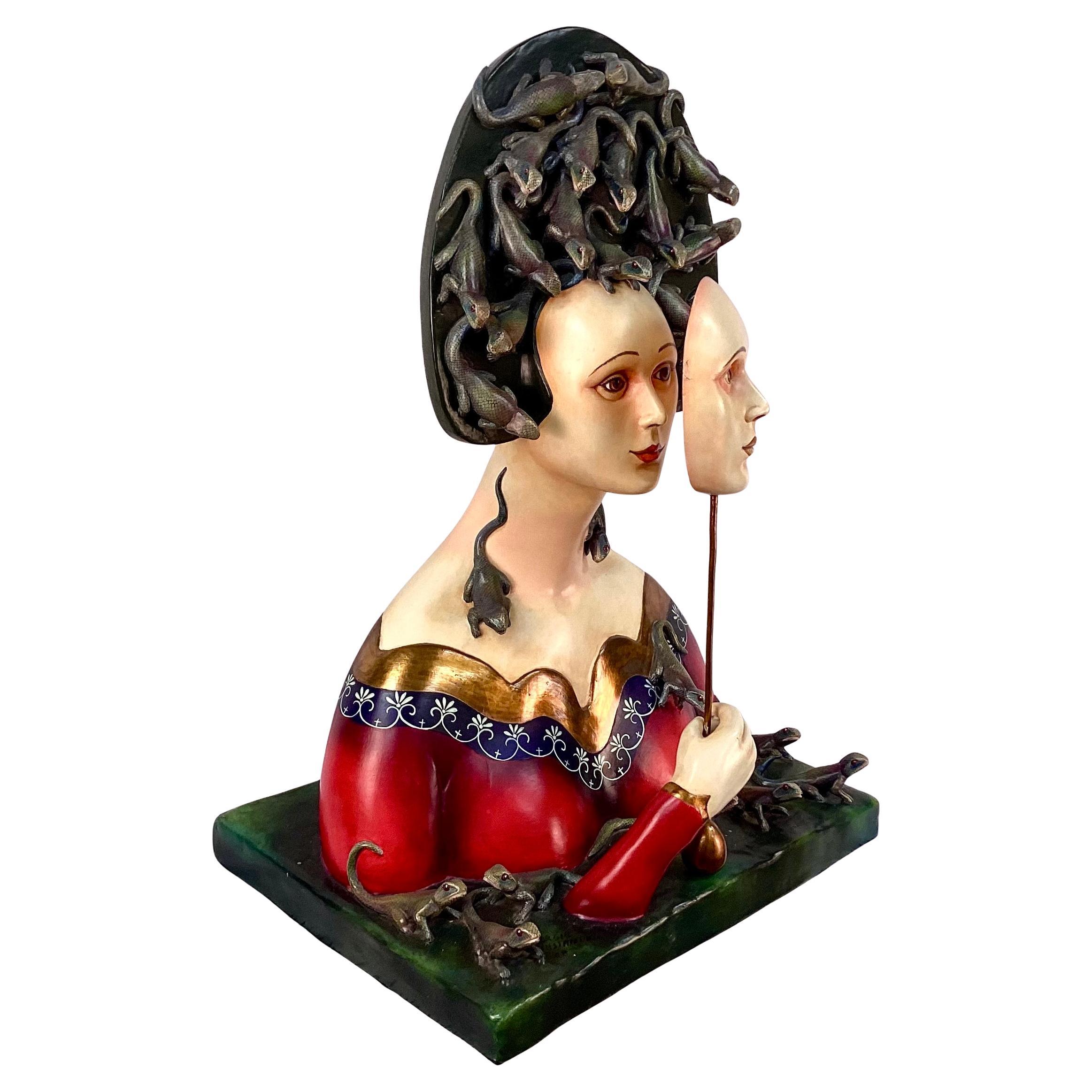 Folk Art Sergio Bustamante, Female Bust with Lizards, Ceramic And Mixed Media For Sale