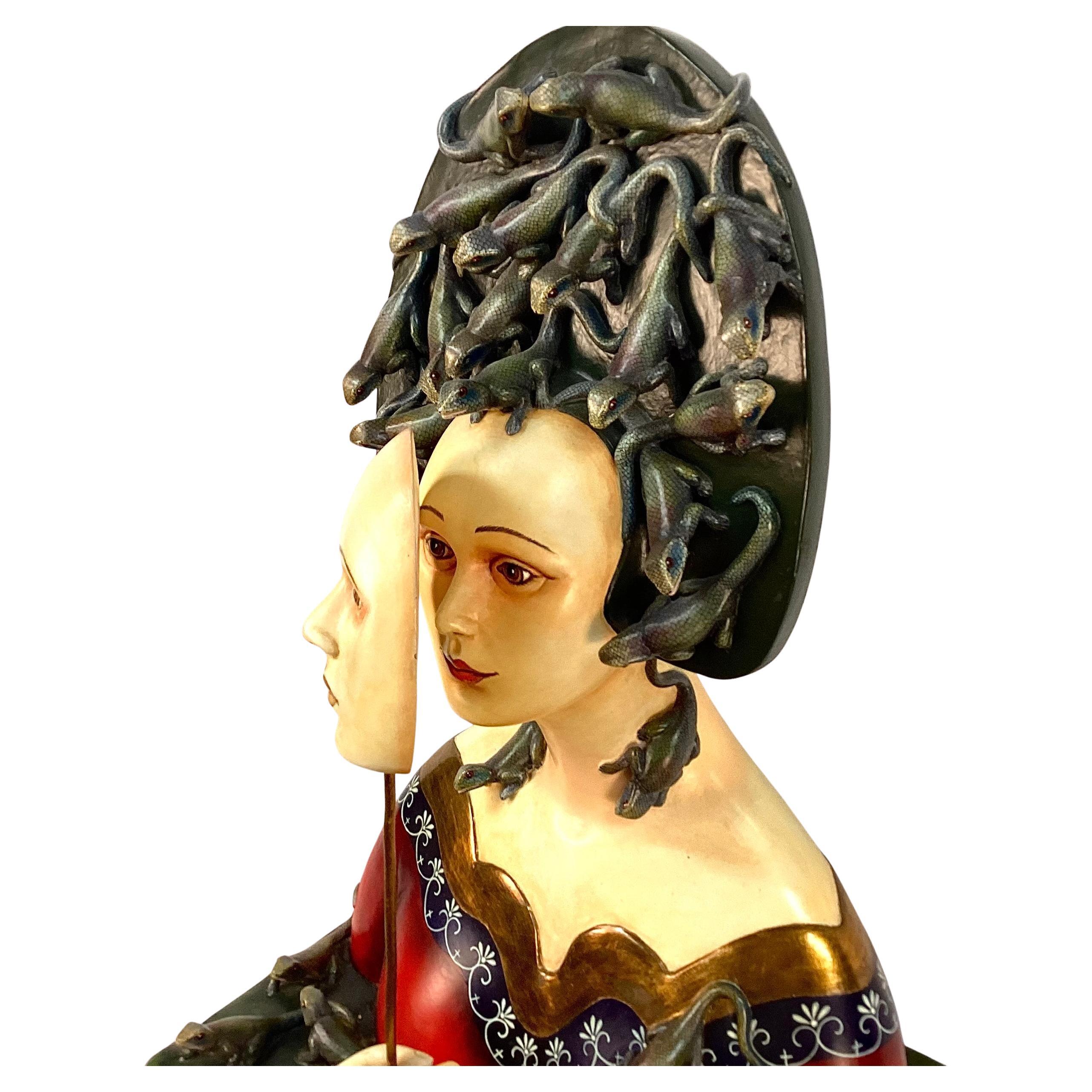 Sergio Bustamante, Female Bust with Lizards, Ceramic And Mixed Media In Good Condition For Sale In Bradenton, FL
