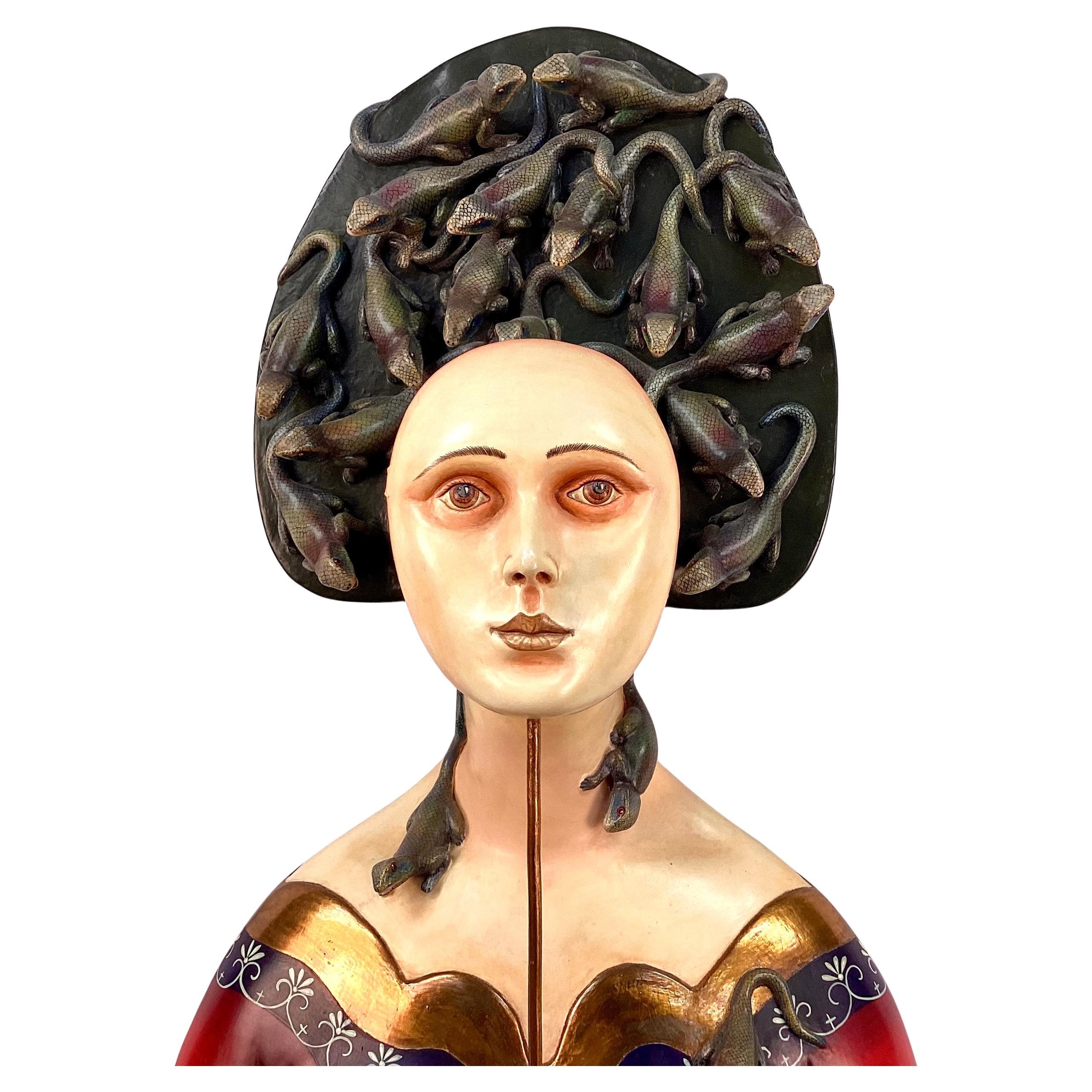 Sergio Bustamante, Female Bust with Lizards, Ceramic And Mixed Media For Sale 3