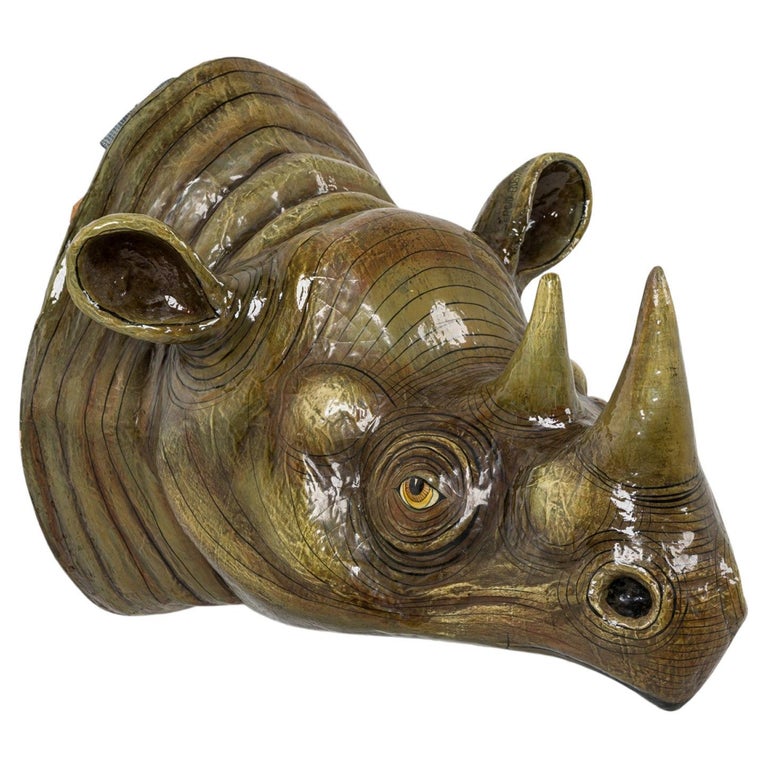 Sergio Bustamante Italian Painted PapierMache Rhino Head Wall