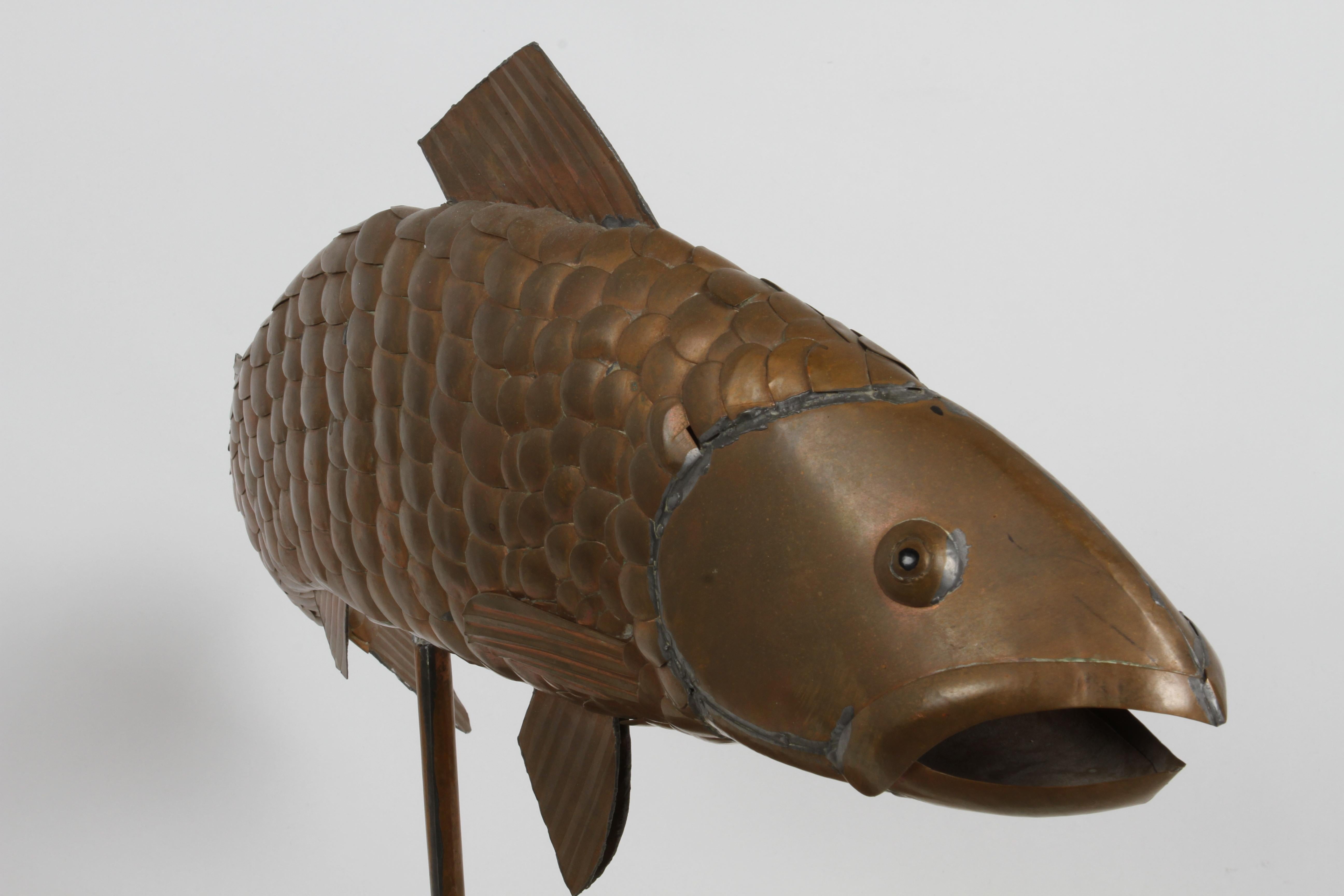 Mid-Century Modern Sergio Bustamante Mexican Artist 1934-2014 Mounted Sculpture Copper Fish -Signed For Sale
