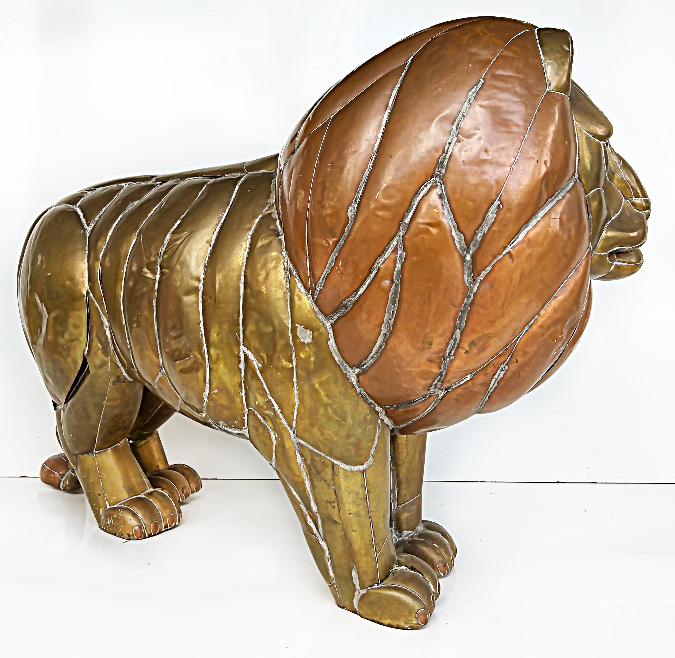 Life Size Sergio Bustamante Mexican Modern Mixed Metal Lion Sculpture In Good Condition For Sale In Miami, FL