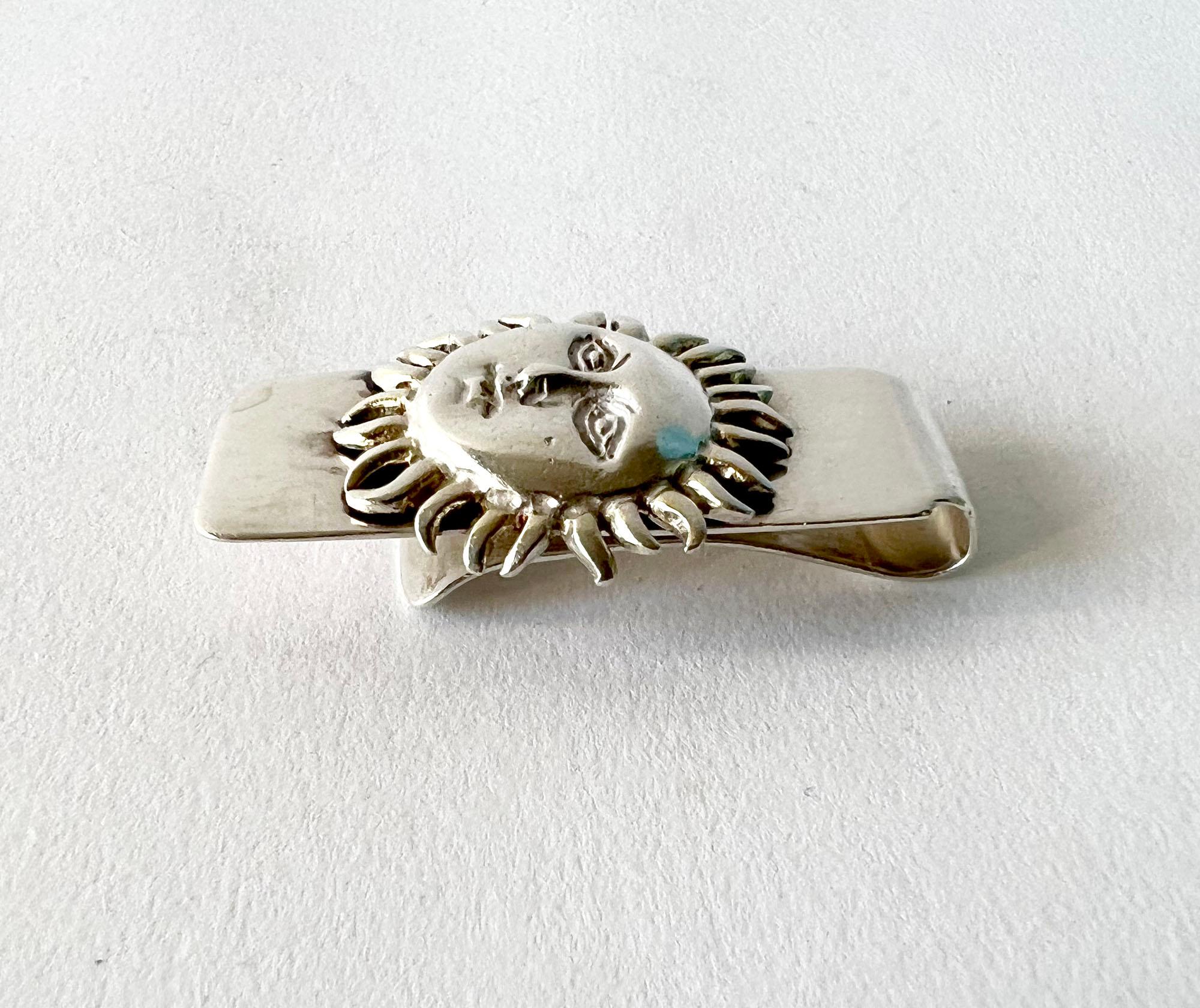 Sergio Bustamante Mexican Modernist Sterling Silver Sun Face Money Clip In Good Condition In Palm Springs, CA