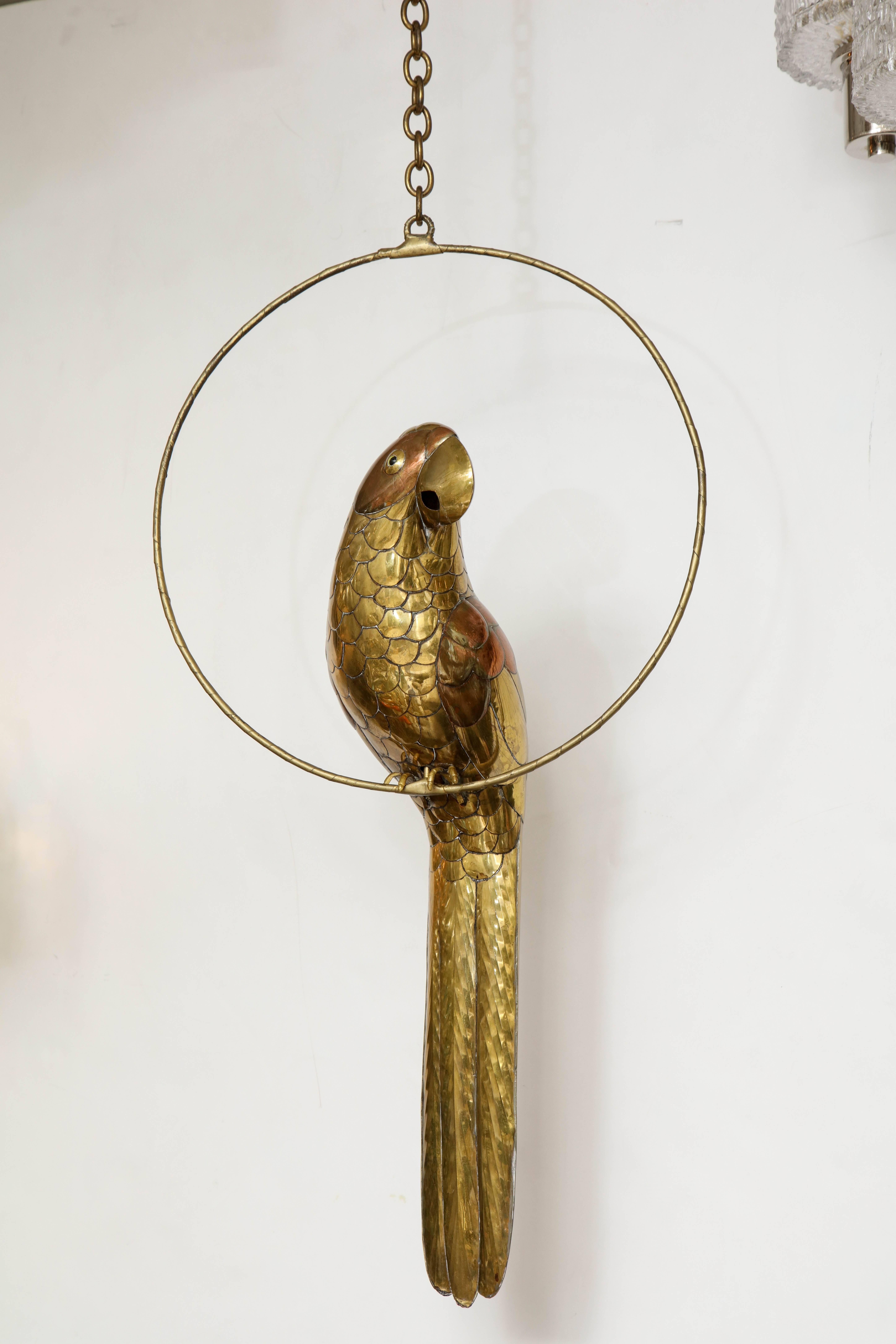 Midcentury brass or copper stylized parrot sitting on brass ring with original brass chain. 

Measures: 51