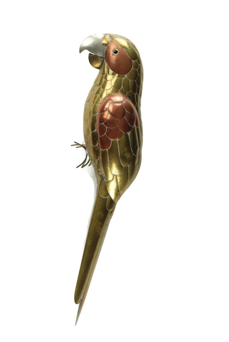 Sergio Bustamante Mixed Metal Parrot Sculpture on Circular Perch at 1stDibs