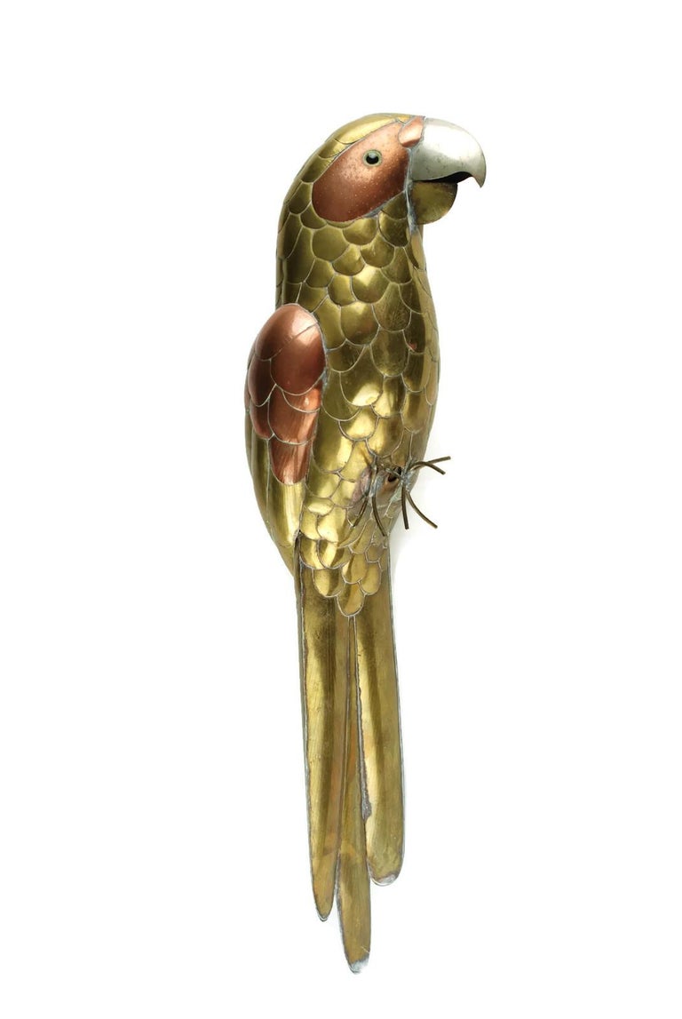 Sergio Bustamante Mixed Metal Parrot Sculpture on Circular Perch at 1stDibs