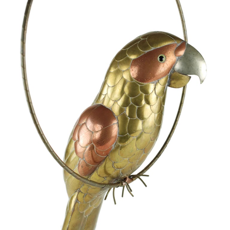 Sergio Bustamante Mixed Metal Parrot Sculpture on Circular Perch at 1stDibs