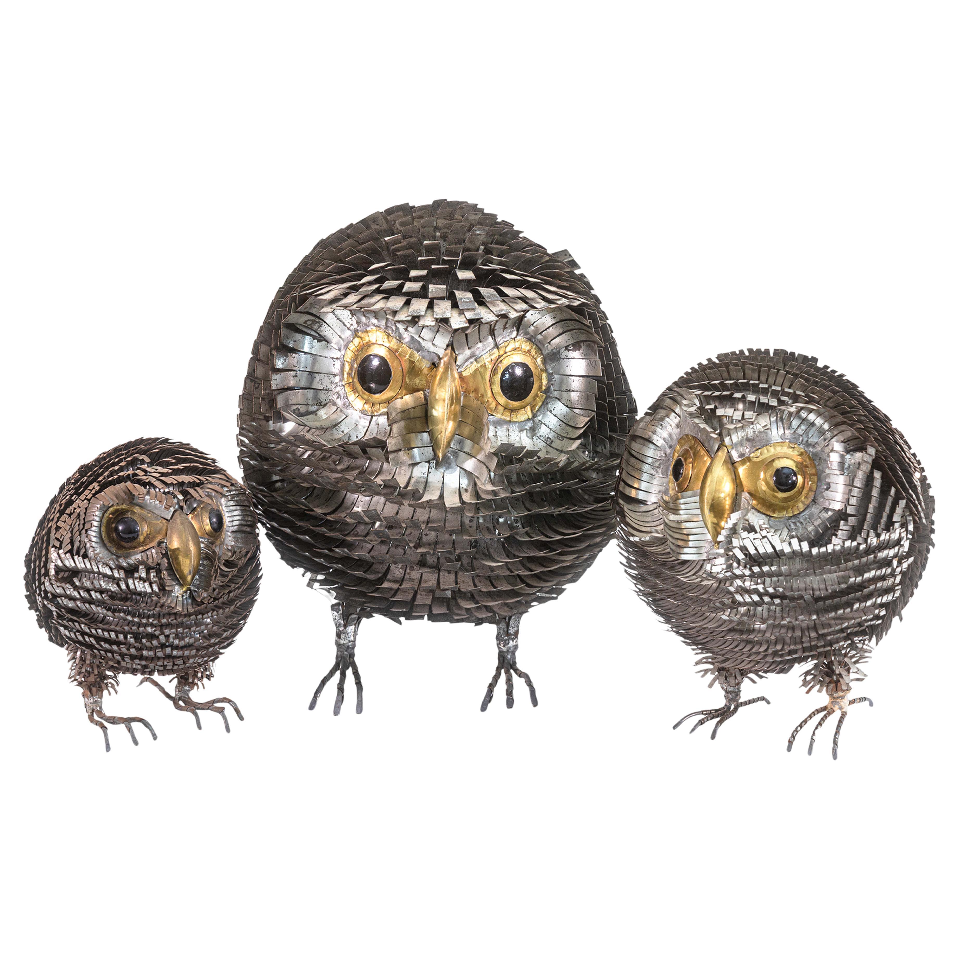 Sergio Bustamante Modern Brutalist Owl Family Mixed Media Metal Sculptures 1970s