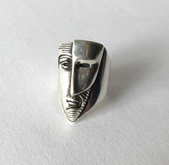 Sergio Bustamante Modernist Sterling Silver Masked Face Ring