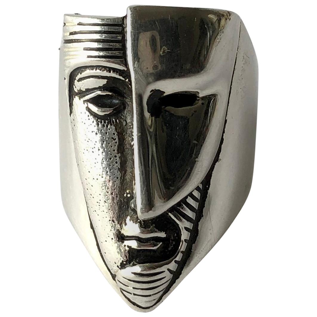 Sergio Bustamante Modernist Sterling Silver Masked Face Ring