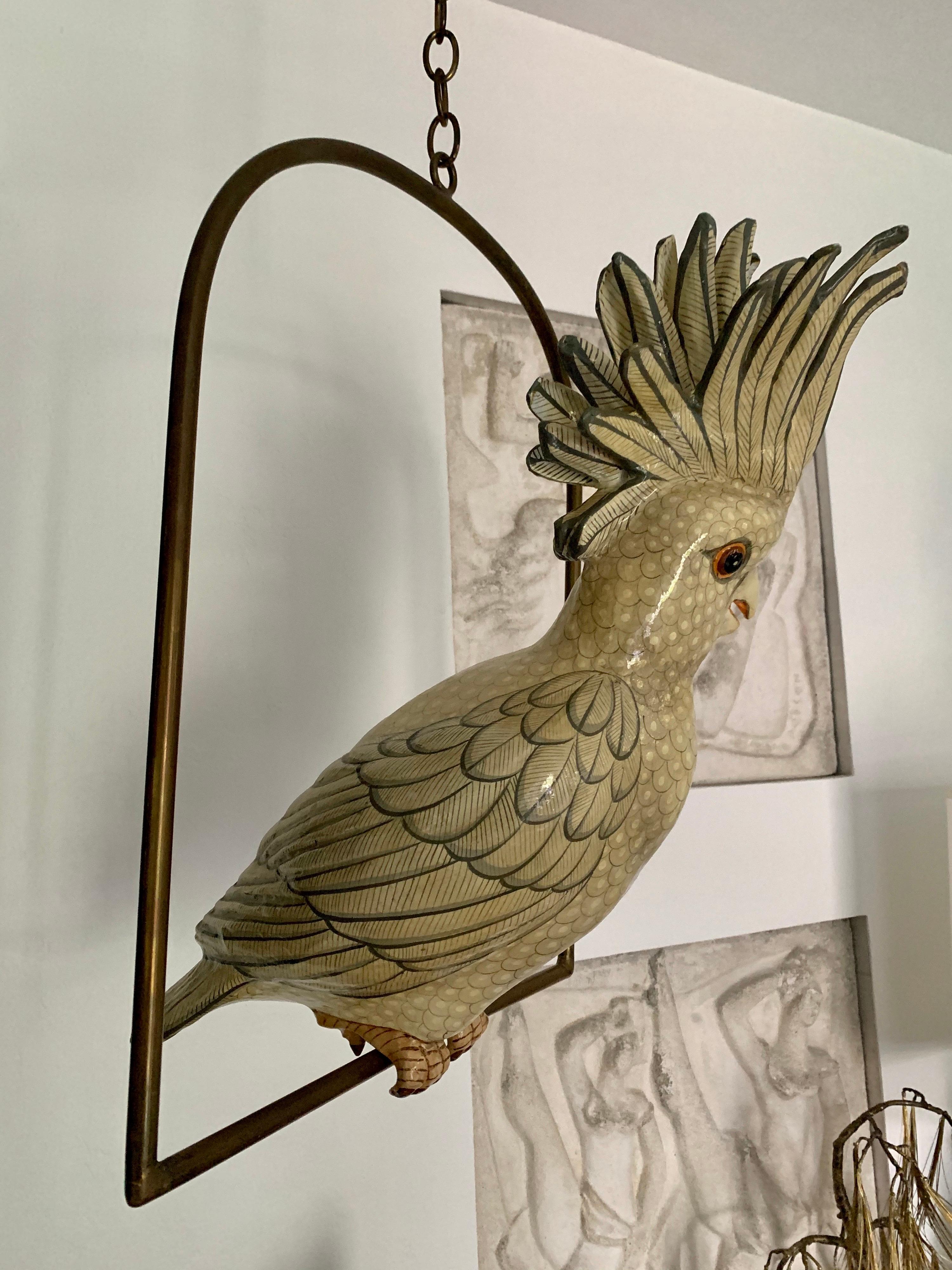 Mexican Sergio Bustamante Oversized Papier Mâché Cockatoo on Hanging Brass Perch
