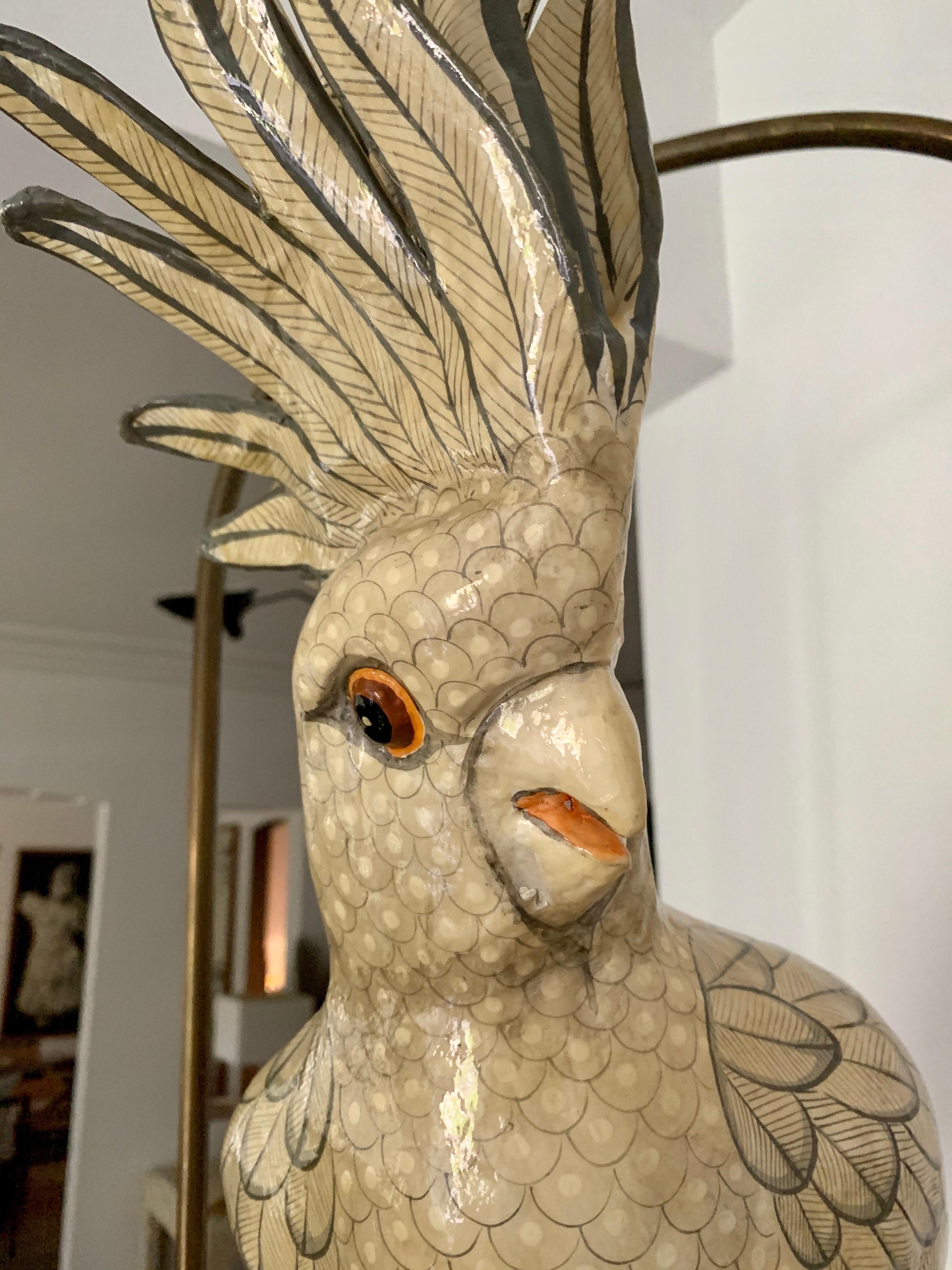 Late 20th Century Sergio Bustamante Oversized Papier Mâché Cockatoo on Hanging Brass Perch