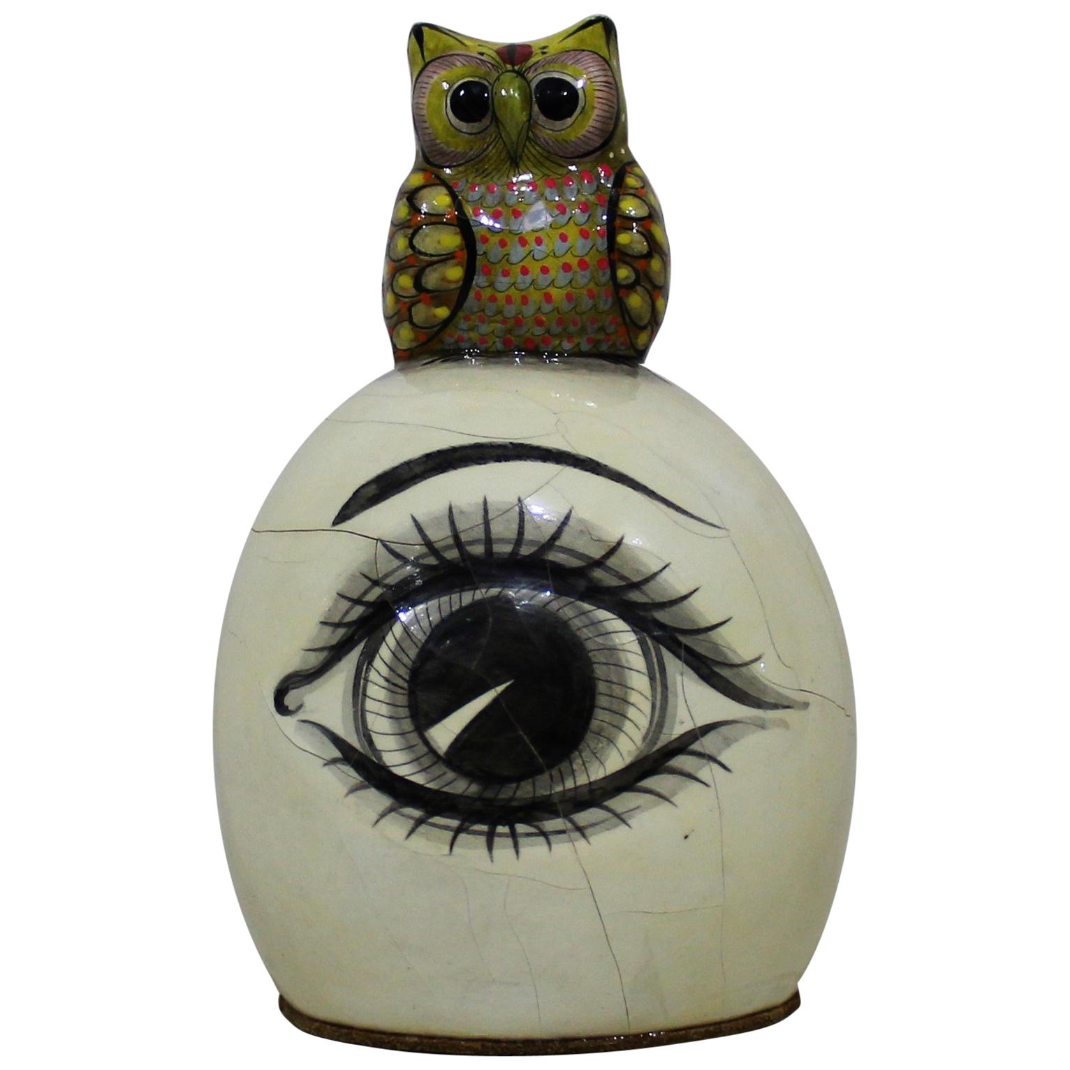 Sergio Bustamante Papier-mâché Sculpture of Owl Sitting Atop Eyeball