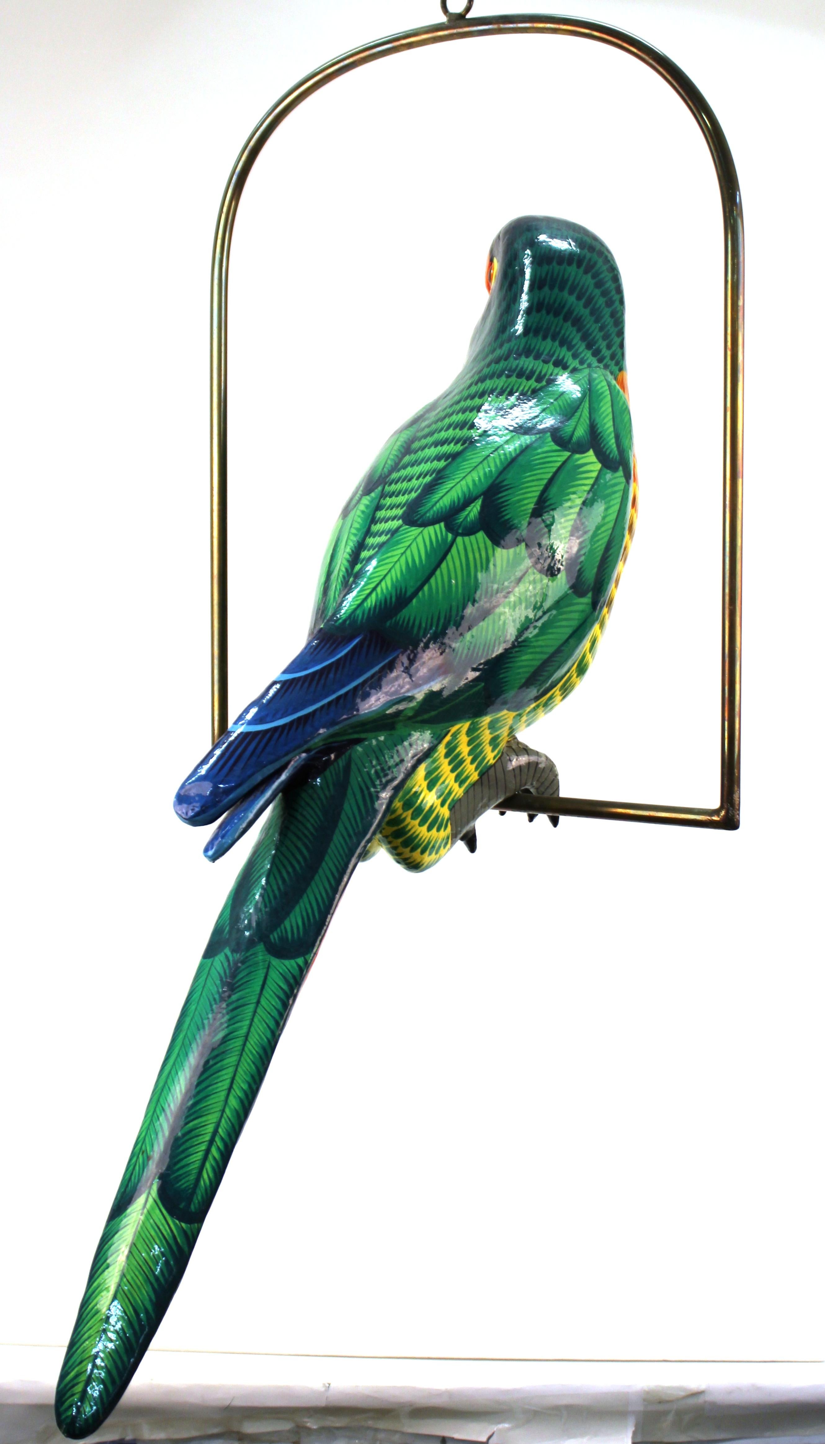 Modern Sergio Bustamante Parrot Sculpture in Paper Mâché on Brass Swing