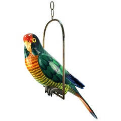 Sergio Bustamante Parrot Sculpture in Paper Mâché on Brass Swing
