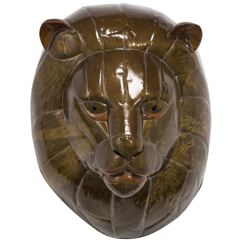 Sergio Bustamante Patinated Brass Lion Mask, 1960s For Sale