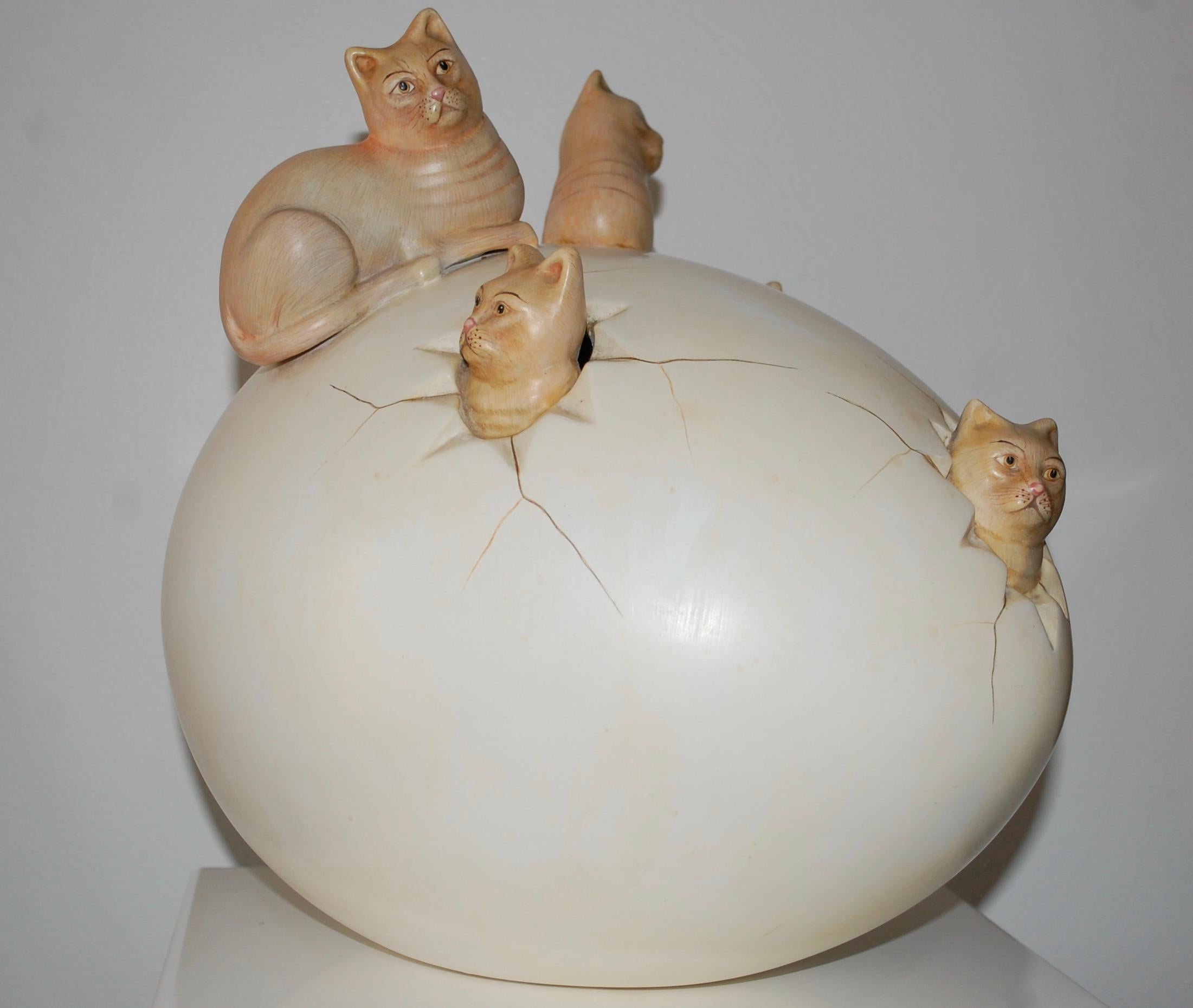  Cats Hatching From Egg Ceramic - Contemporary Sculpture by Sergio Bustamante