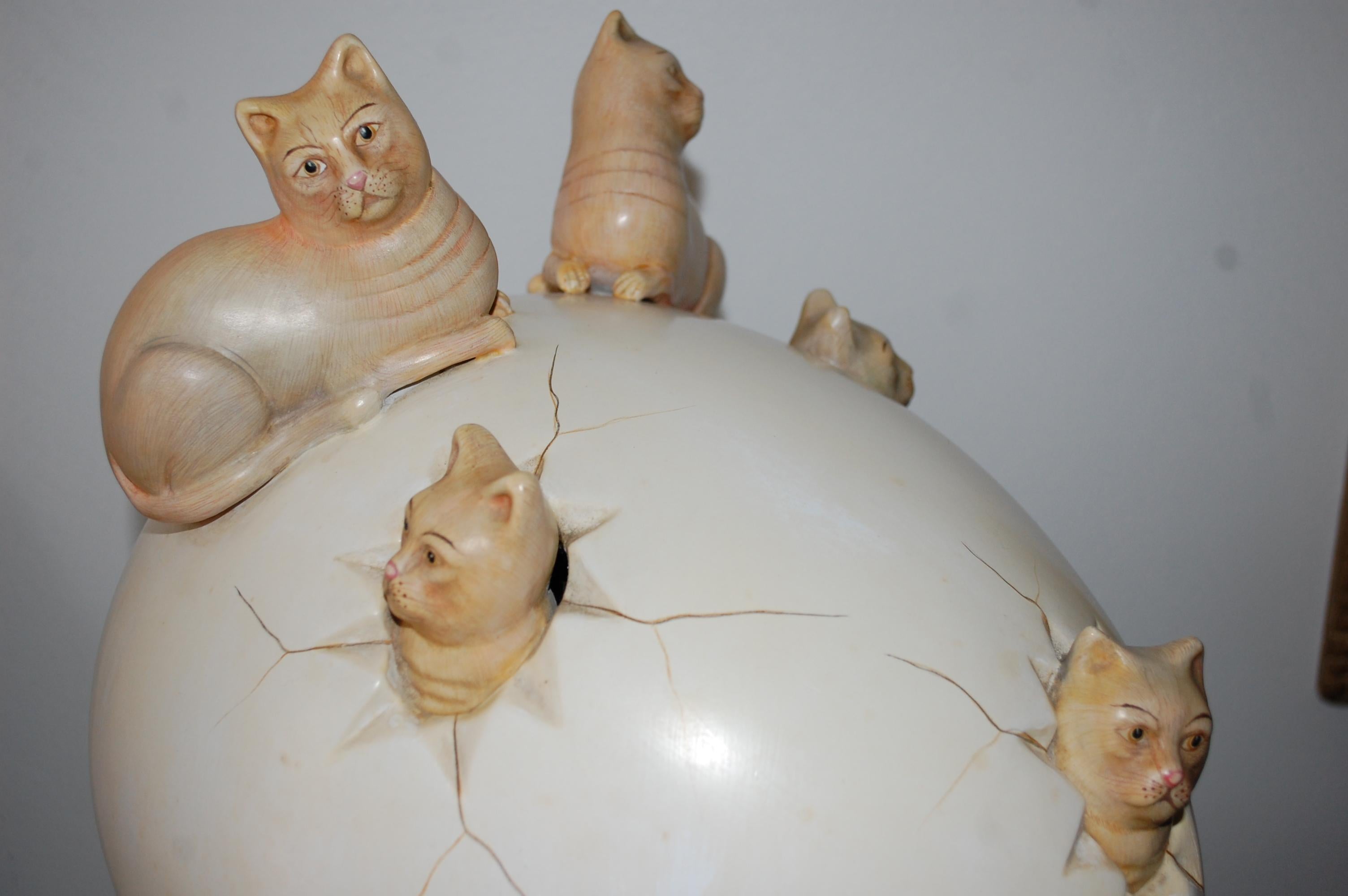  Cats Hatching From Egg Ceramic - Beige Figurative Sculpture by Sergio Bustamante