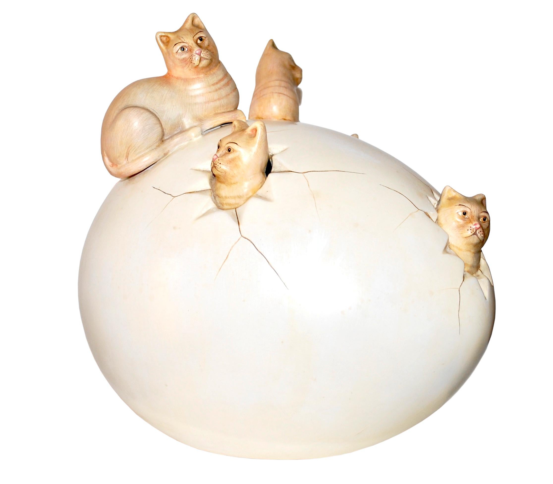 Cats hatching from egg.
Ceramic sculpture, artist signed.
Sergio Bustamante is a Mexican Artist and sculptor. Bustamante was born in Culiacan, Sinaloa in 1949 and studied architecture at the University of Guadalajara.
Bustamante's first art