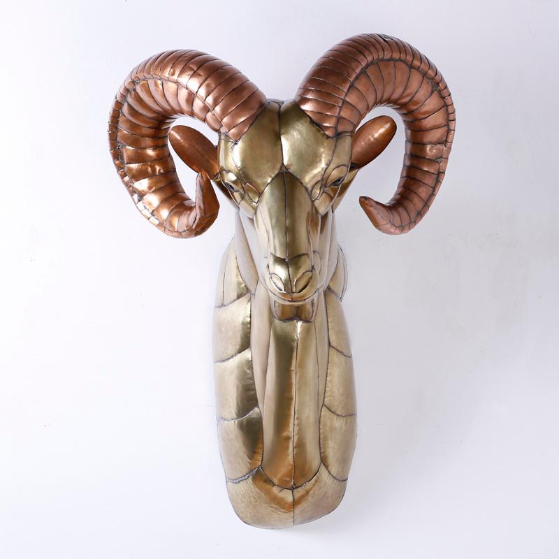 Bustamante Inspired Mid-Century Brass and Copper Ram's Head  - Modern Sculpture by Sergio Bustamante