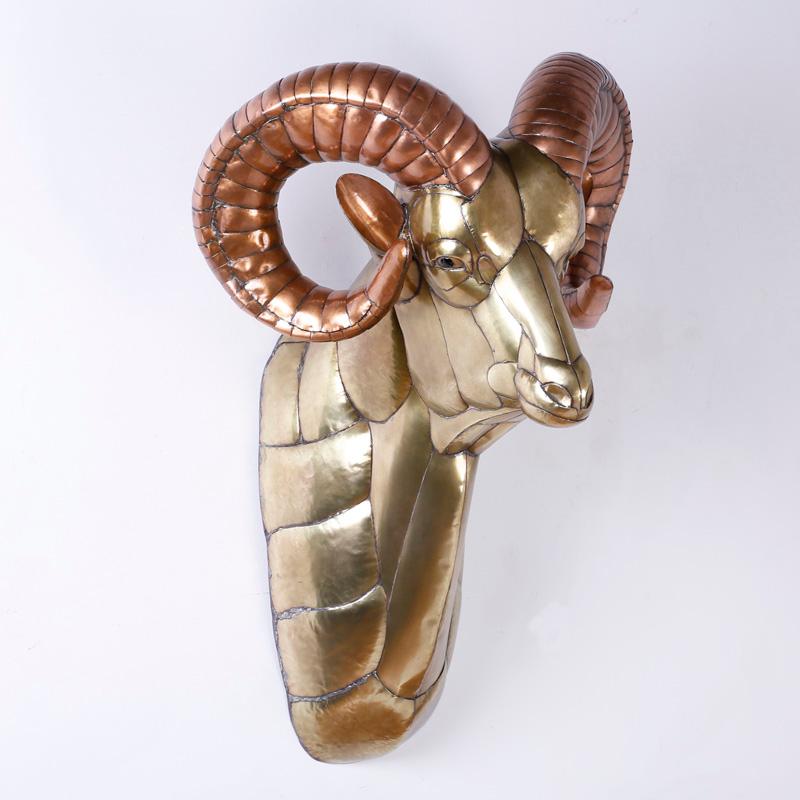 Bustamante Inspired Mid-Century Brass and Copper Ram's Head  - Sculpture by Sergio Bustamante