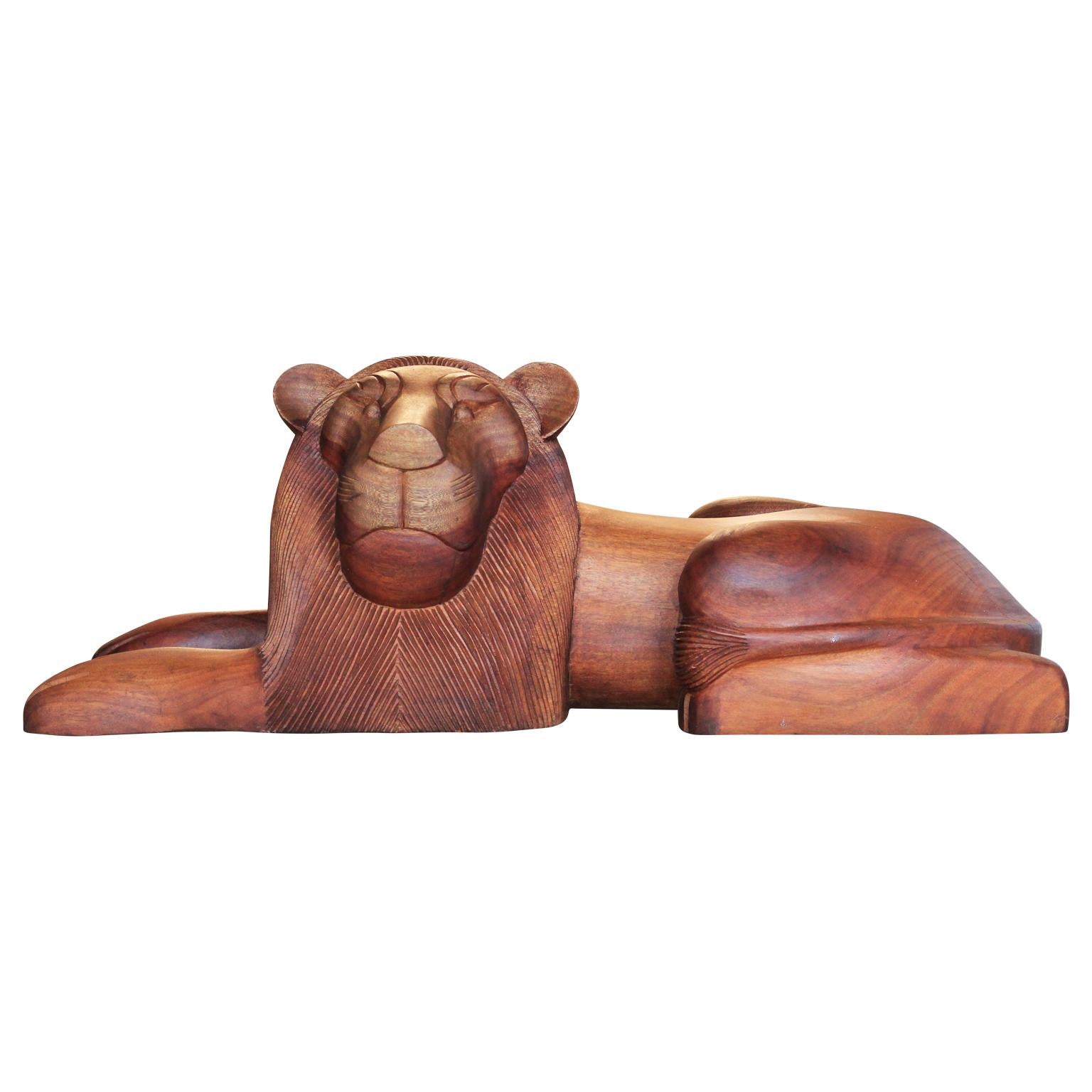 Pair of Stylized Mid Century Modern Carved Solid Teak Wood Lion Sculptures - Brown Abstract Sculpture by Sergio Bustamante