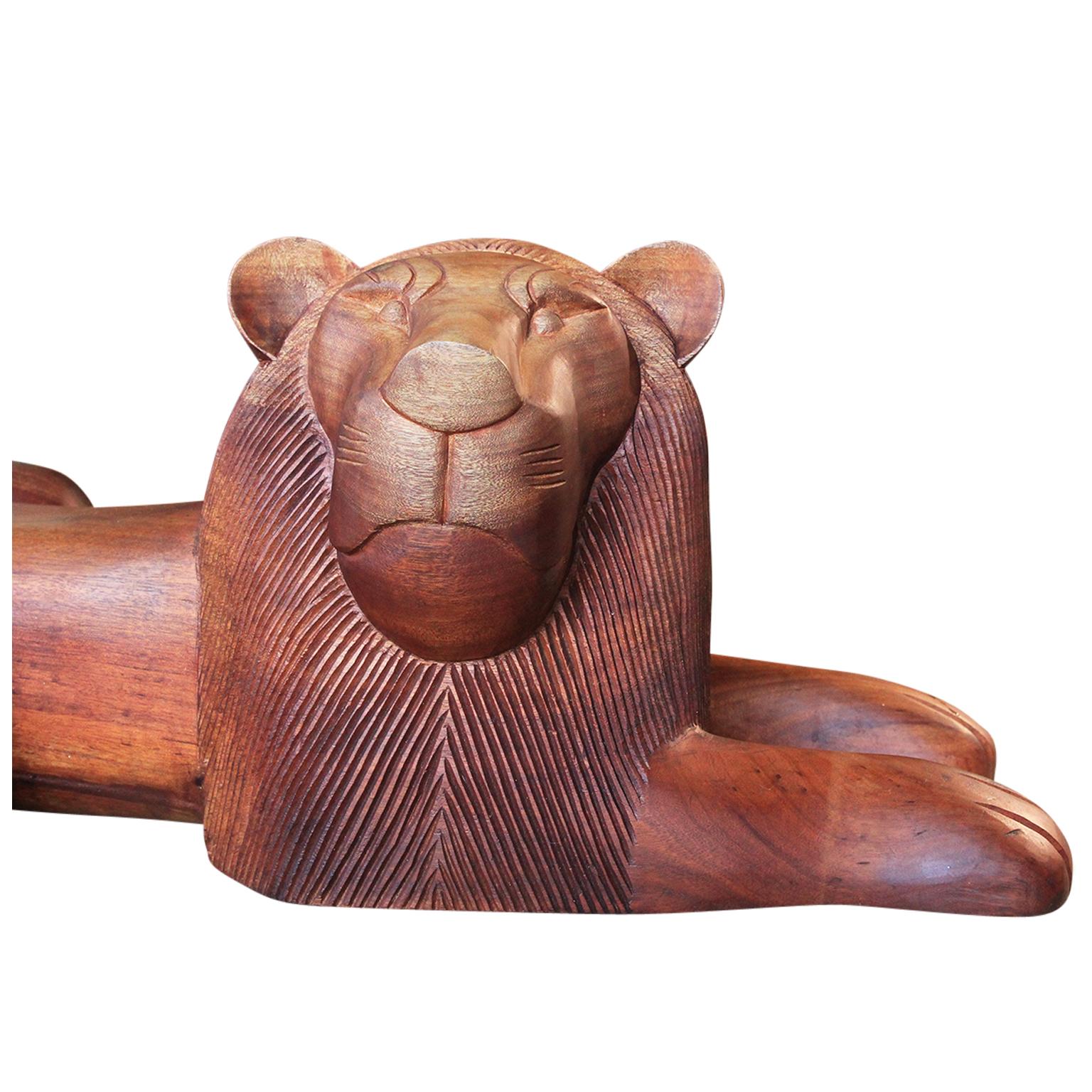 Pair of Stylized Mid Century Modern Carved Solid Teak Wood Lion Sculptures 1
