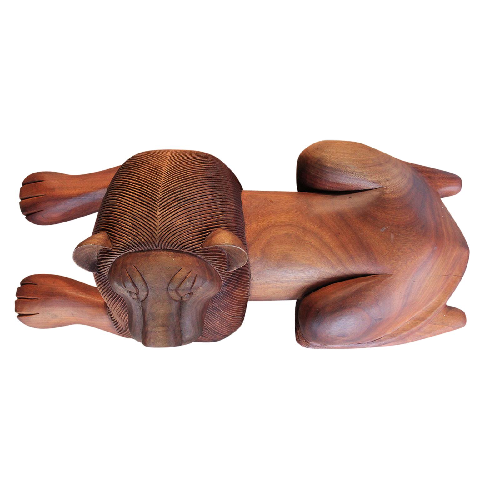 Pair of Stylized Mid Century Modern Carved Solid Teak Wood Lion Sculptures 2