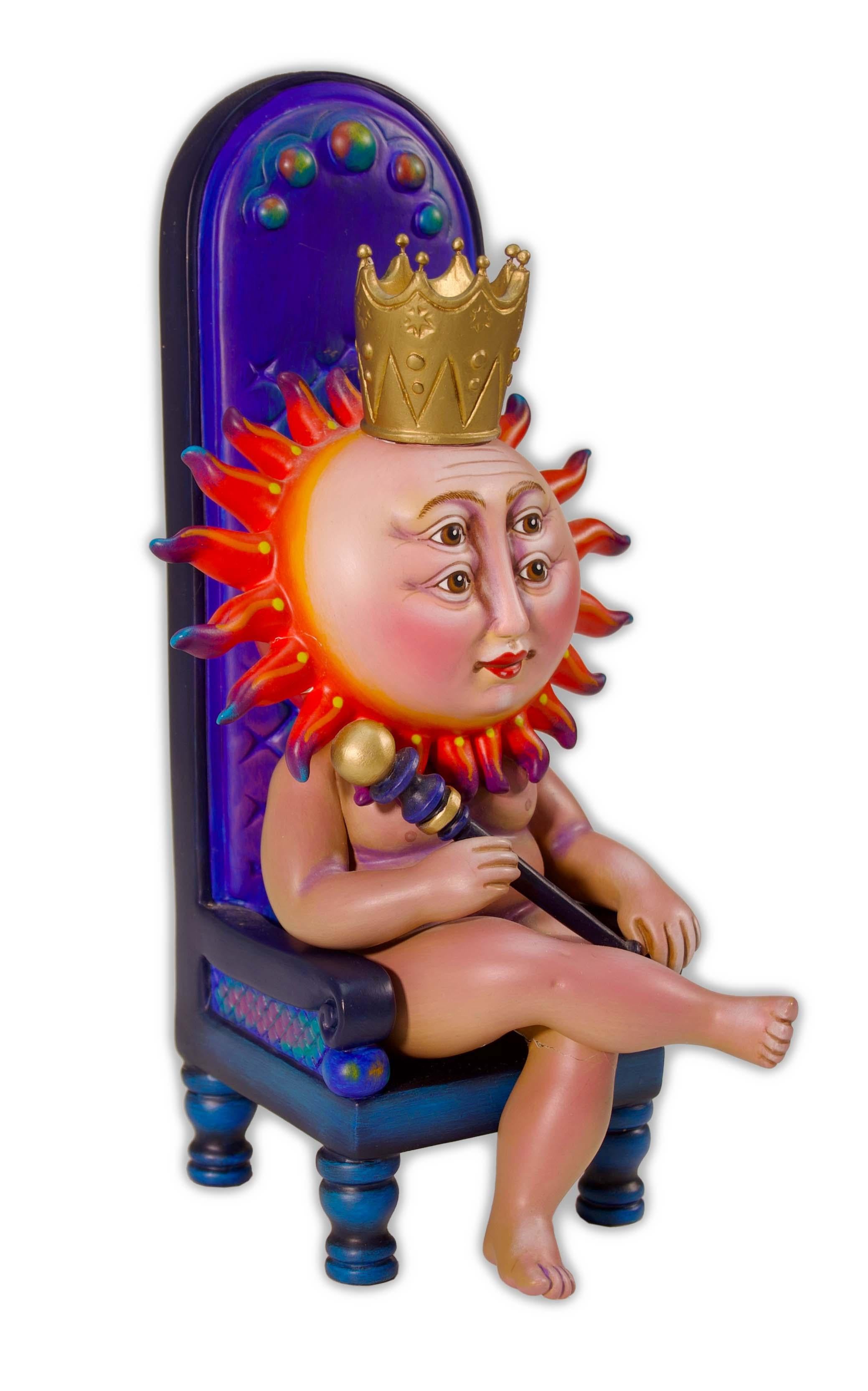 A contemporary hand painted plaster sculpture depicting a seated sun king by Mexican artist Sergio Bustamante. Signed with an annotation of 101/150. Circa 1990s. An expressive and surreal composition that ignites a sense of wonder and curiosity.