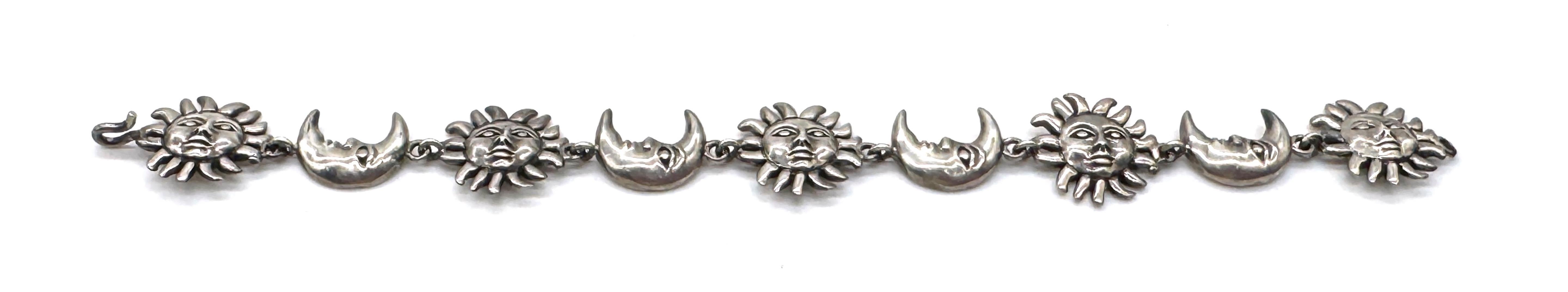 Modern Sergio Bustamante Signed Sterling Sun & Moon Link Bracelet, Rare Edition, 1980s For Sale