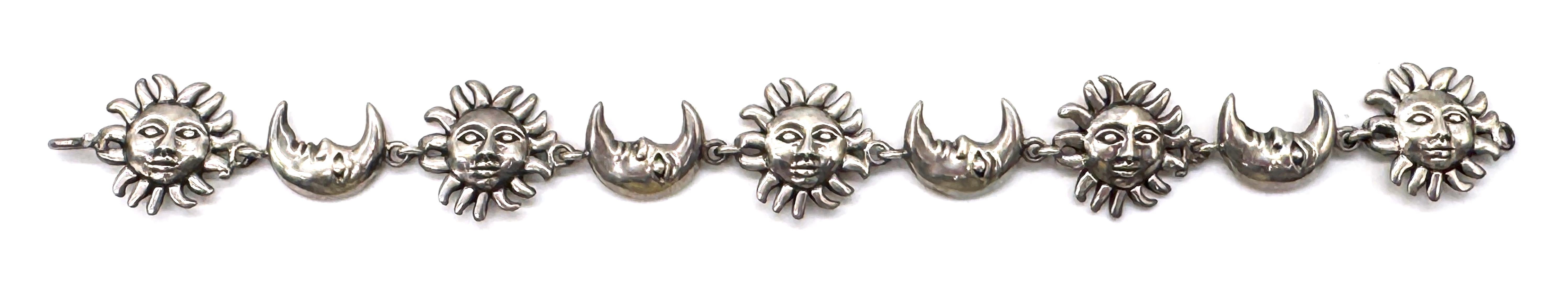 Mexican Sergio Bustamante Signed Sterling Sun & Moon Link Bracelet, Rare Edition, 1980s For Sale