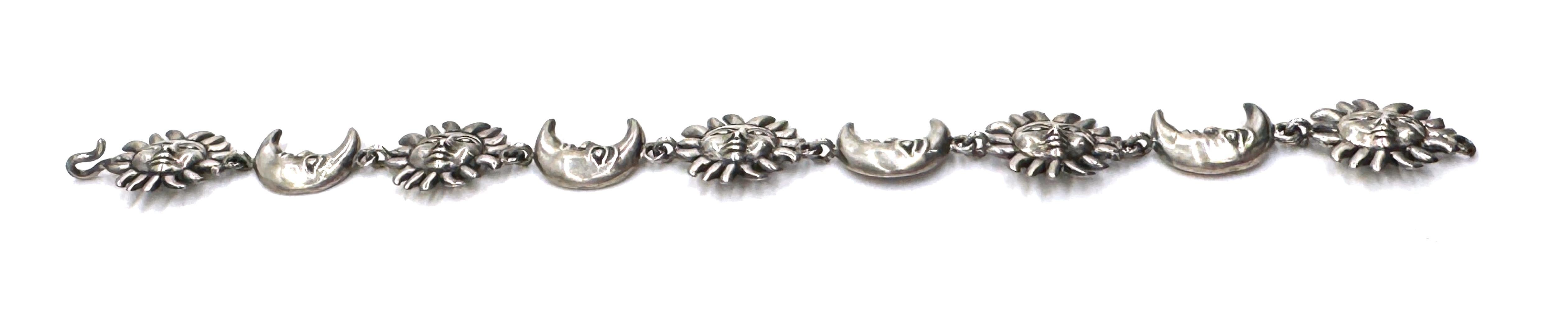 Cast Sergio Bustamante Signed Sterling Sun & Moon Link Bracelet, Rare Edition, 1980s For Sale