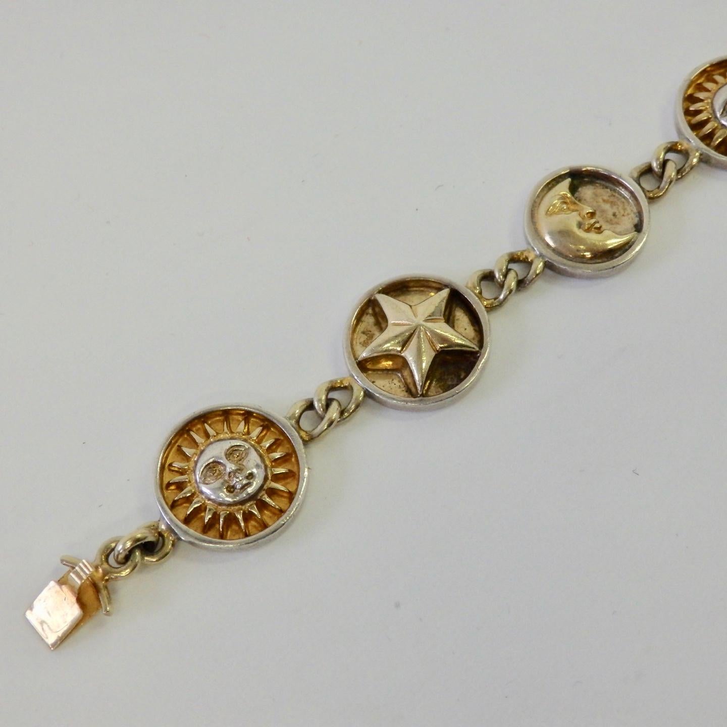 Mid-Century Modern Sergio Bustamante Sterling Silver Sun Moon Stars Bracelet