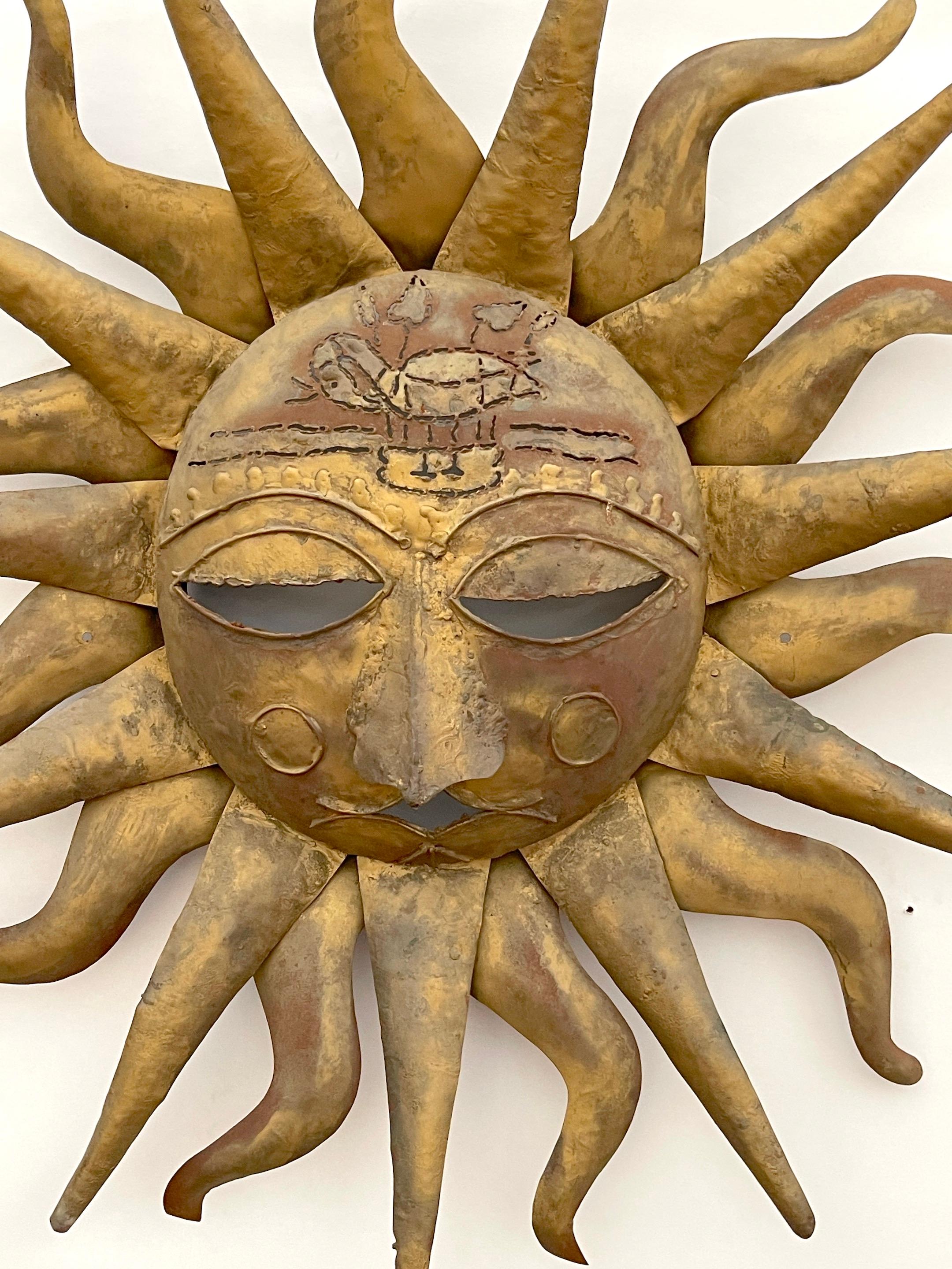 Mid-Century Modern Sergio Bustamante Style Gilt & Polychromed Sun Wall Sculpture