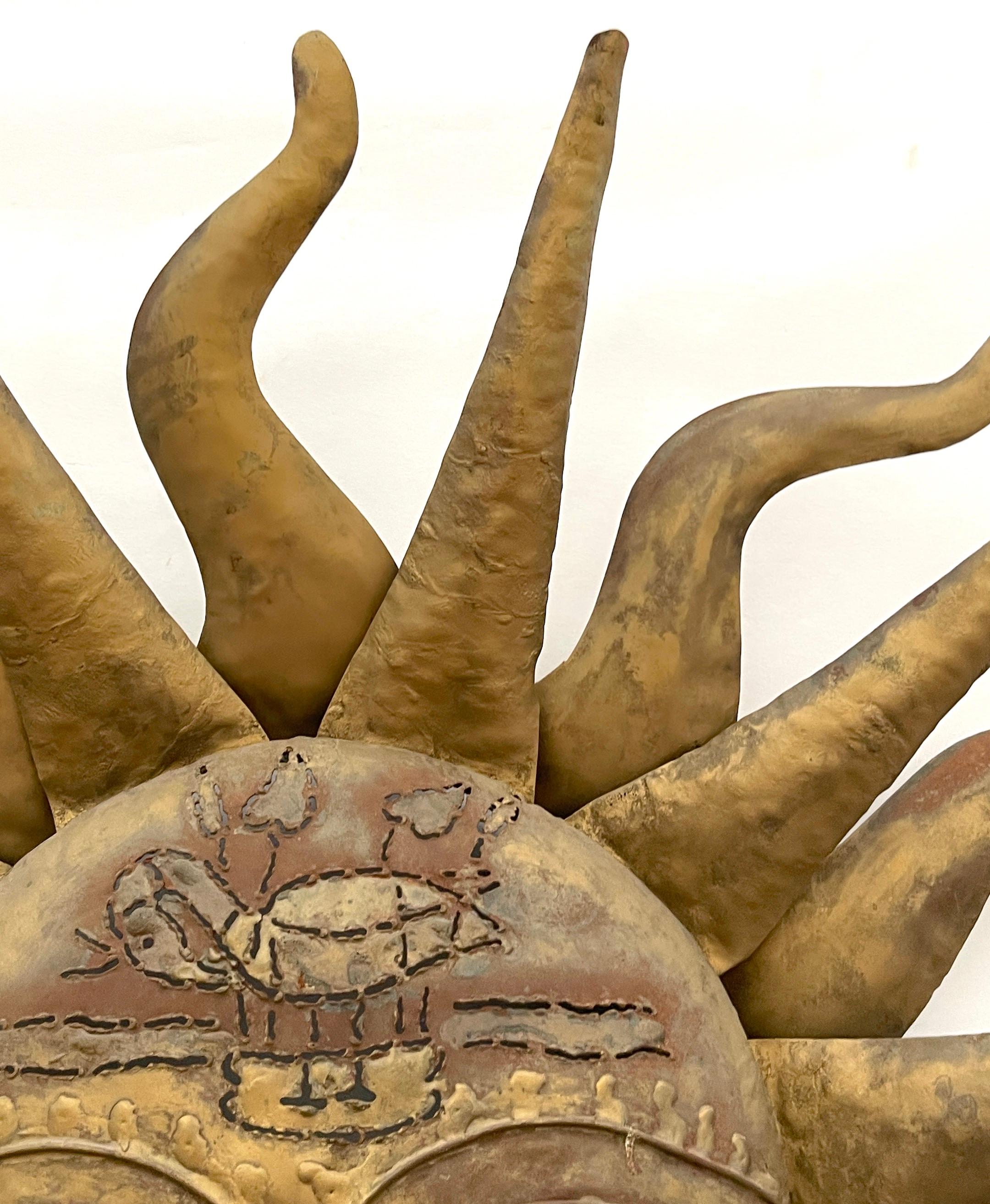 Metal Sergio Bustamante Style Gilt & Polychromed Sun Wall Sculpture