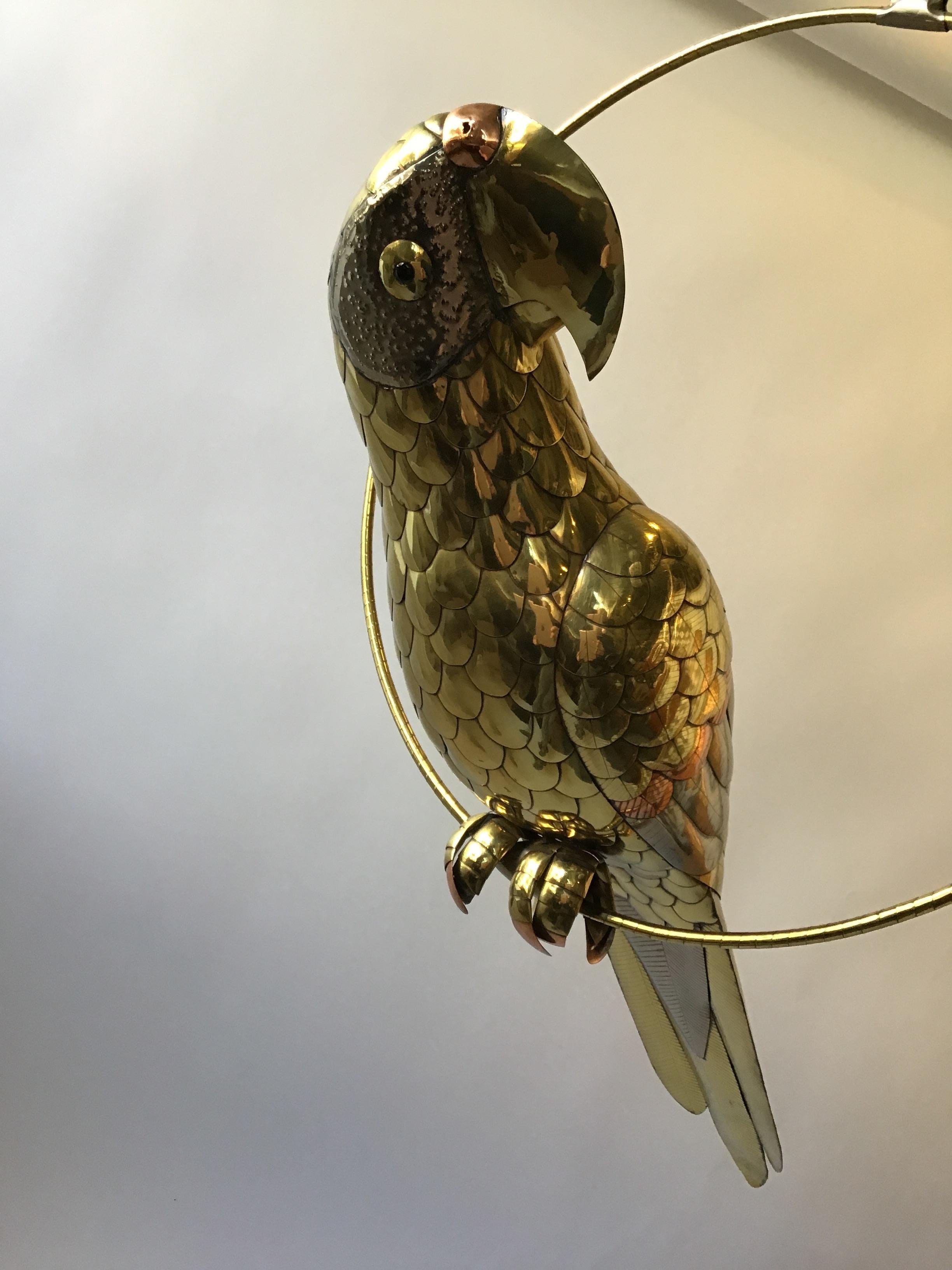 1980s, Mexican brass, tin, coper parrot signed Antonio Garcia Flores, 1984 on beek.