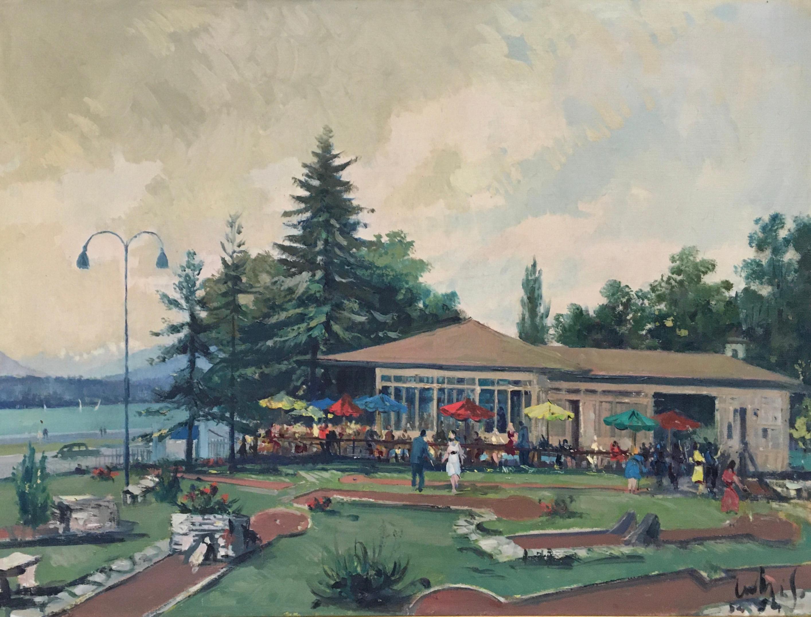 Sergio Cecchi Landscape Painting - Animated mini golf at the Château Banquet park in Geneva