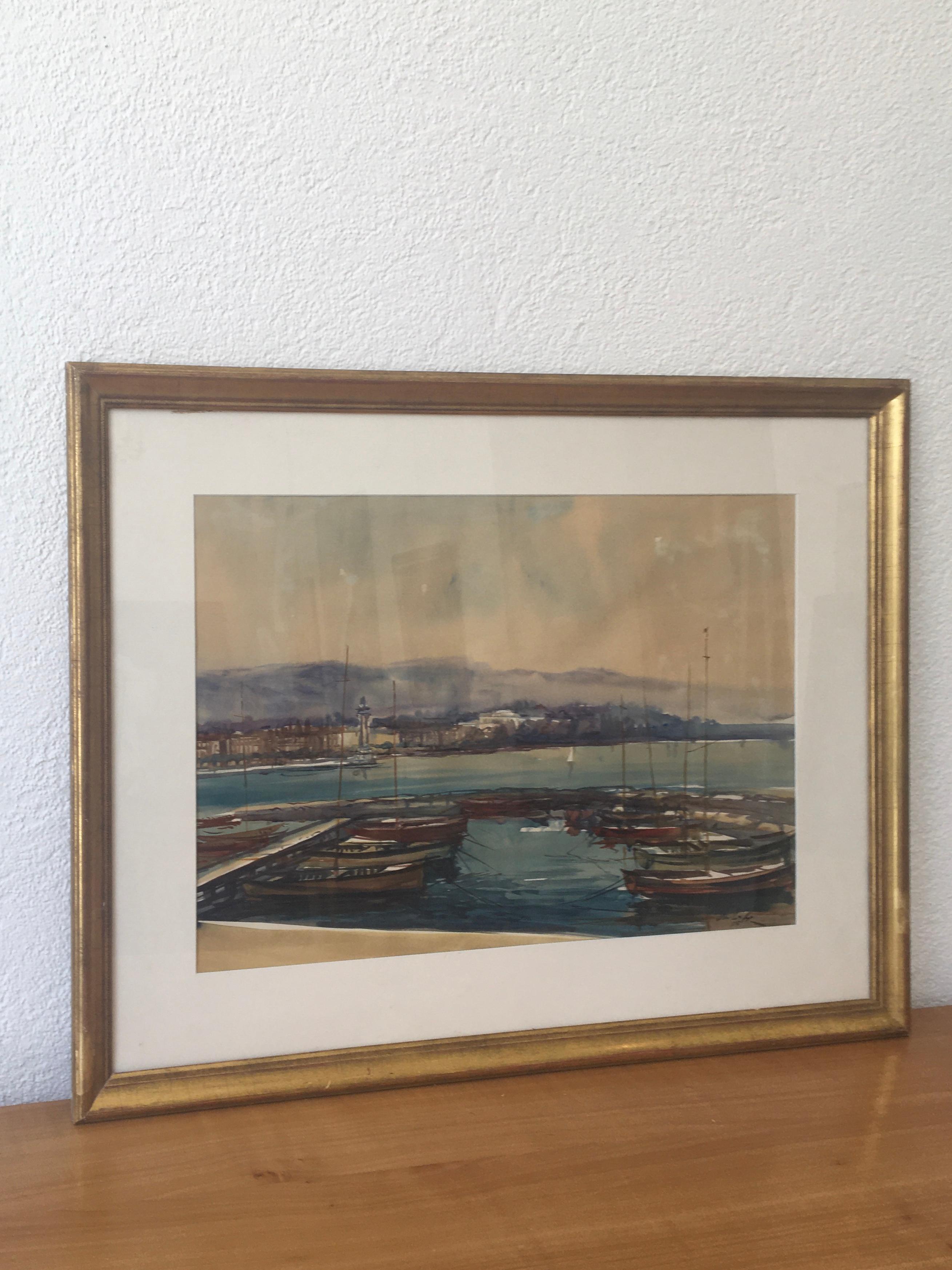 Desde el muelle de Eaux-Vives, Ginebra - Painting de Sergio Cecchi