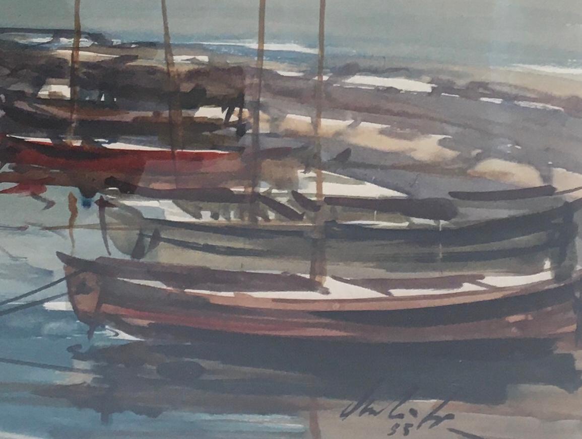 Desde el muelle de Eaux-Vives, Ginebra - Landscape Painting Gris de Sergio Cecchi