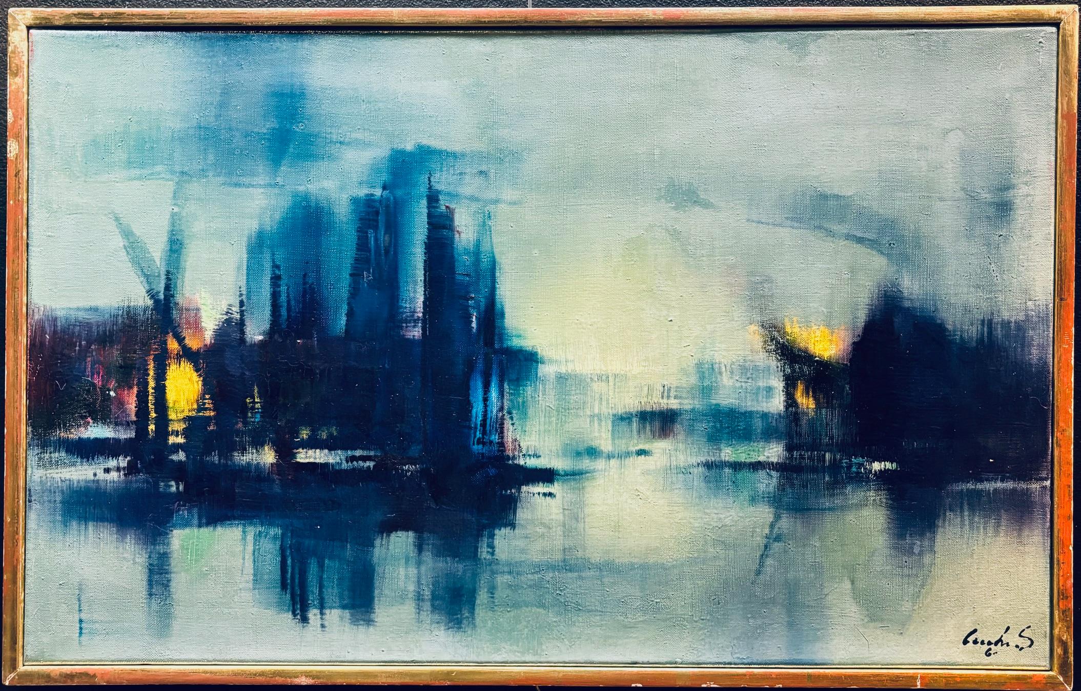 Escena azul marino de Sergio Cecchi - Óleo sobre lienzo 38x61 cm en venta 1