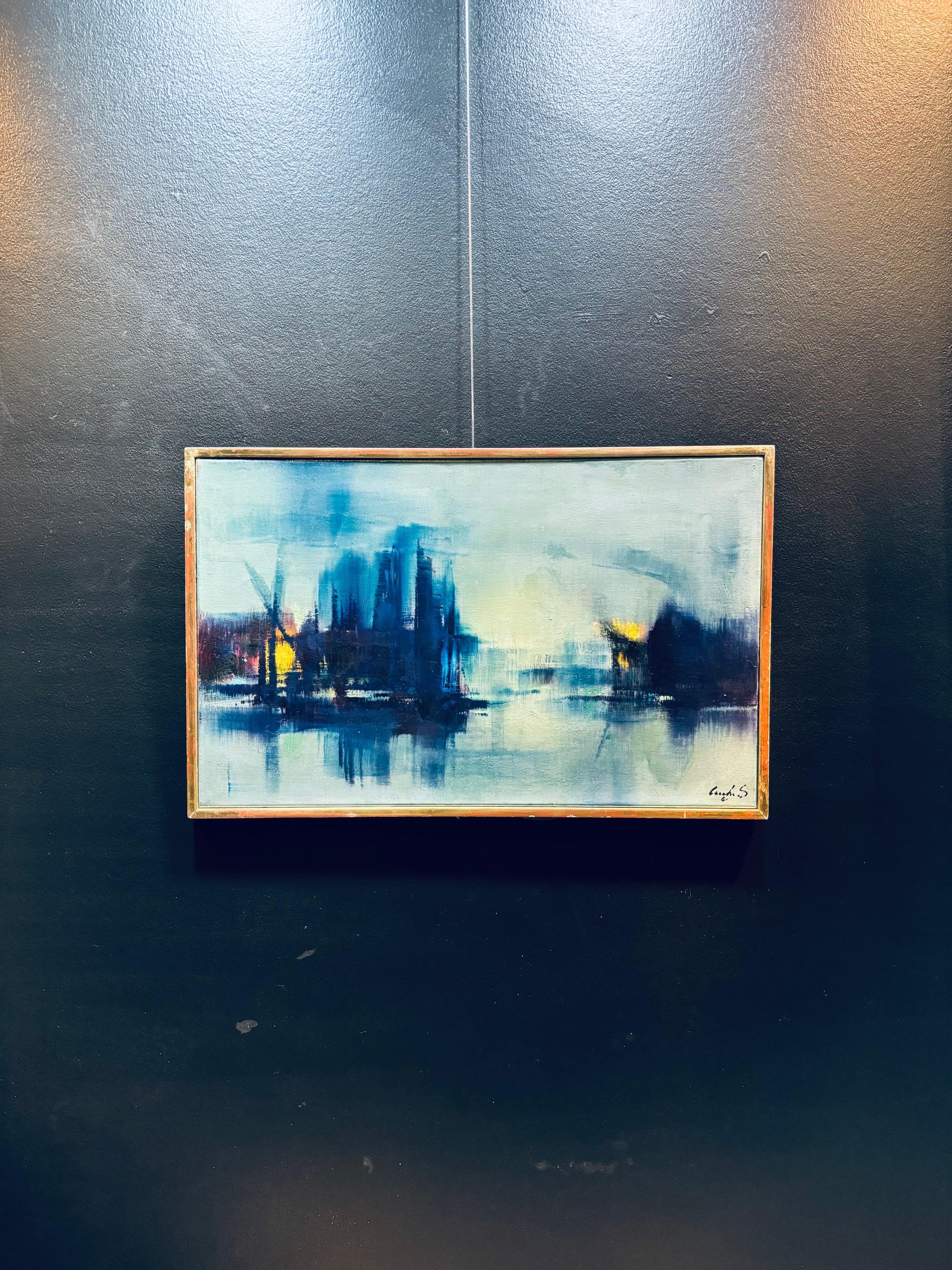 Escena azul marino de Sergio Cecchi - Óleo sobre lienzo 38x61 cm en venta 2