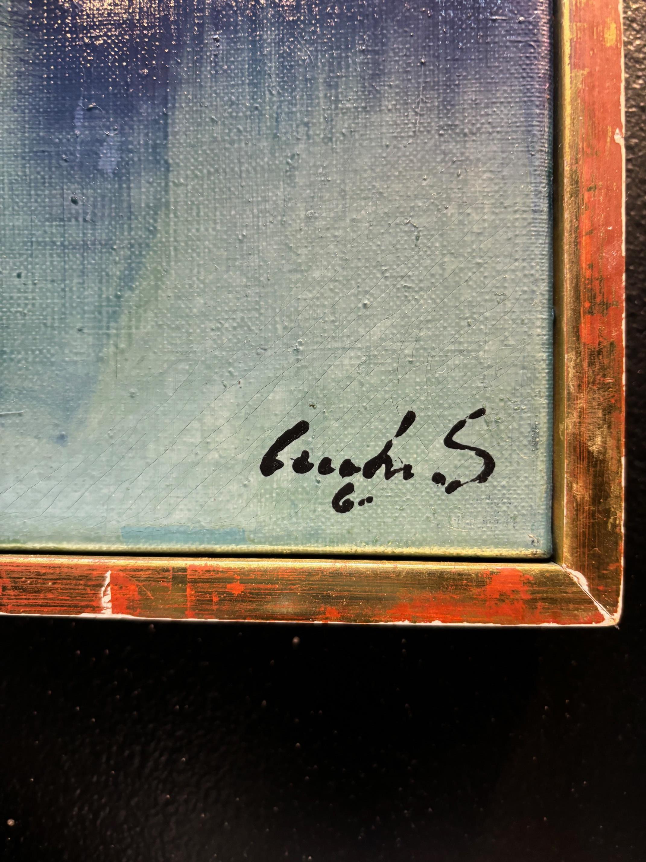 Escena azul marino de Sergio Cecchi - Óleo sobre lienzo 38x61 cm en venta 3