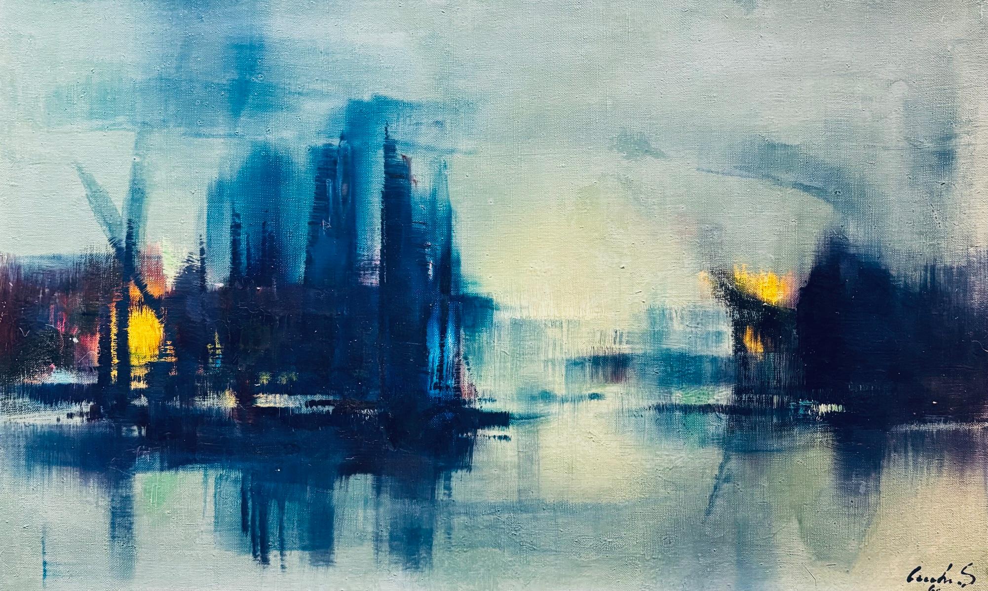 Este cuadro de Sergio Cecchi refleja el estilo postimpresionista característico del artista, con su atmósfera evocadora, el uso sutil de la luz y una paleta de colores tenebrosa. Cecchi solía destacar paisajes o escenas urbanas centradas en la luz y