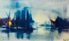 Scène bleu marine par Sergio Cecchi - Huile sur toile 38x61 cm